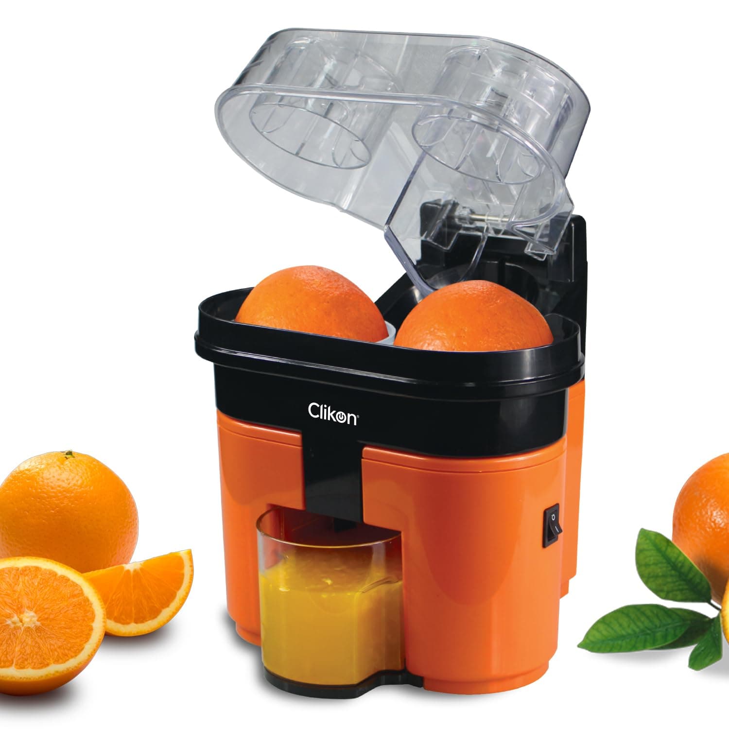 Clikon 2 in 1 Citrus Juicer with Dual Squeezer Technology, One Touch Operation, Built-in Citrus Slicer, 90 Watts, 2 Years Warranty, Orange and Black - CK2258