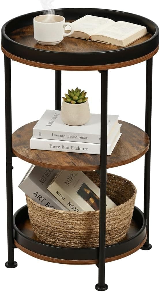 Industrial Nordic End Table, 3-Tier Round Side Table with Storage Shelf Edge Protection Tray, Sturdy Metal Frame Coffee Table Bedside Table for Living Room Bedroom Small Spaces/Rustic Brown