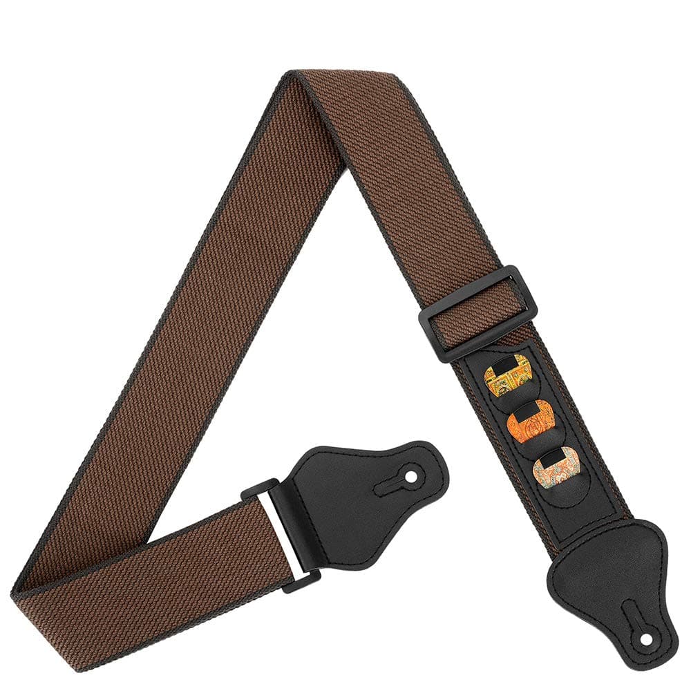 BestSounds Guitar Strap 100% Soft Cotton Guitar Shoulder Strap With 3 Pick Holders For Bass Electric & Acoustic Guitars (Brown)