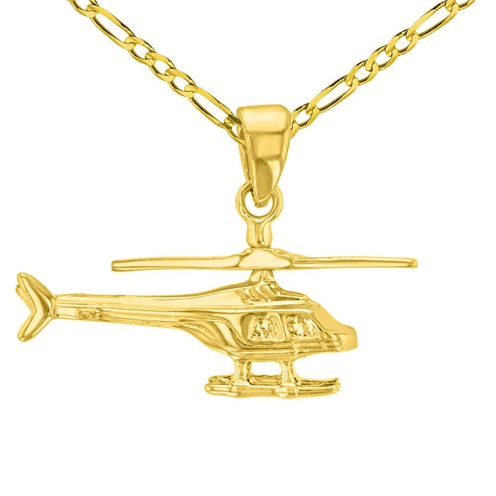 Solid 14K Yellow Gold Helicopter with Motion Moving Propeller Pendant Figaro Chain Necklace