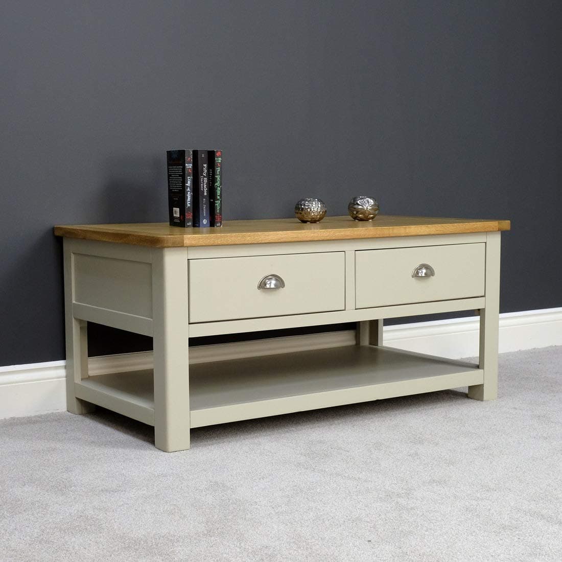 Aspen Painted Oak Sage Grey 2 Drawer Coffee Table / Storage with Shelf / Living Room Furniture