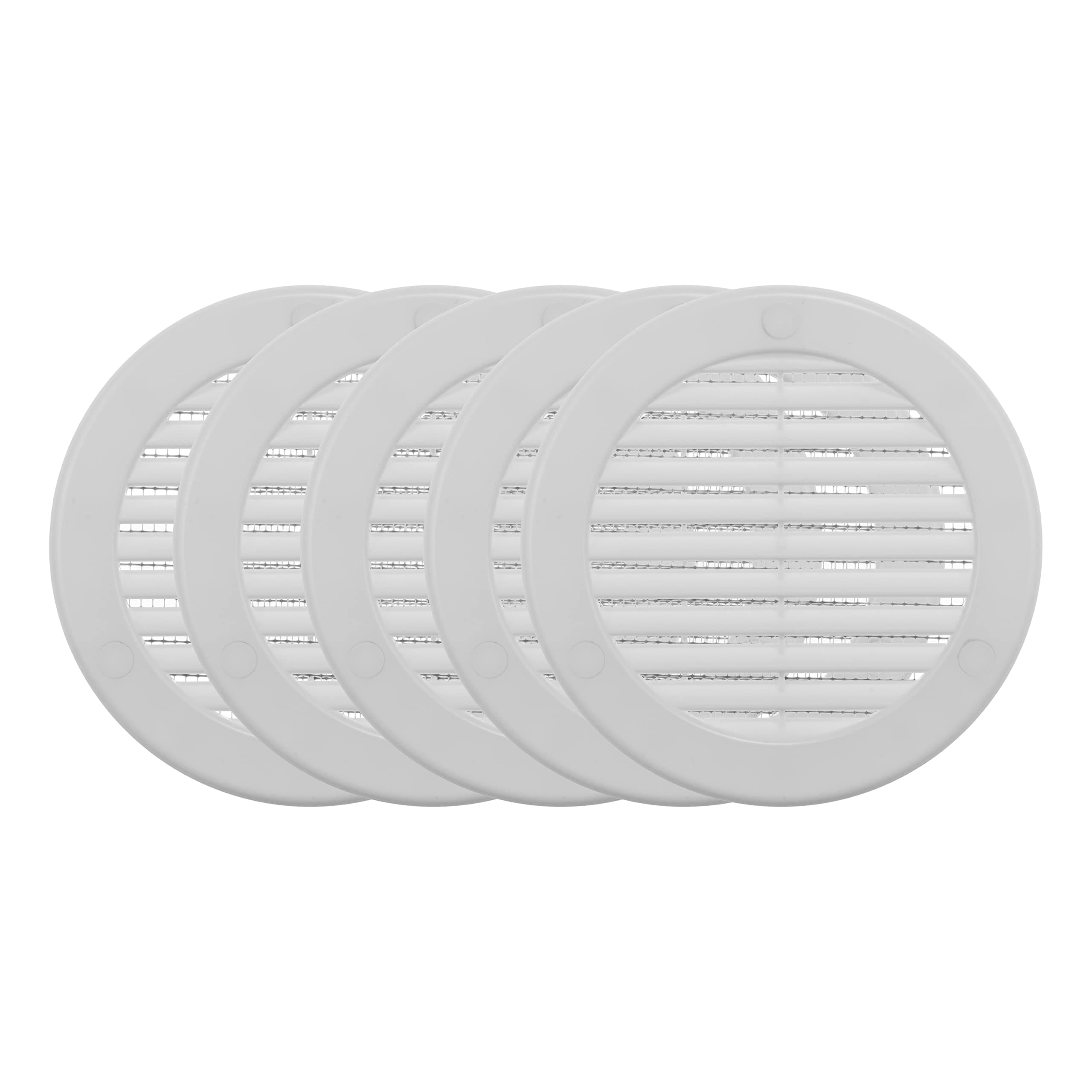 Vent Systems 4'' Inch (Opening Dimensions) Pack of 5 White Soffit Vent Cover - Plastic Round Air Vent Grille - Built-in Insect Screen - HVAC for Bathroom, Home, Kitchen 5.2" Inch (Outer Dimensions)