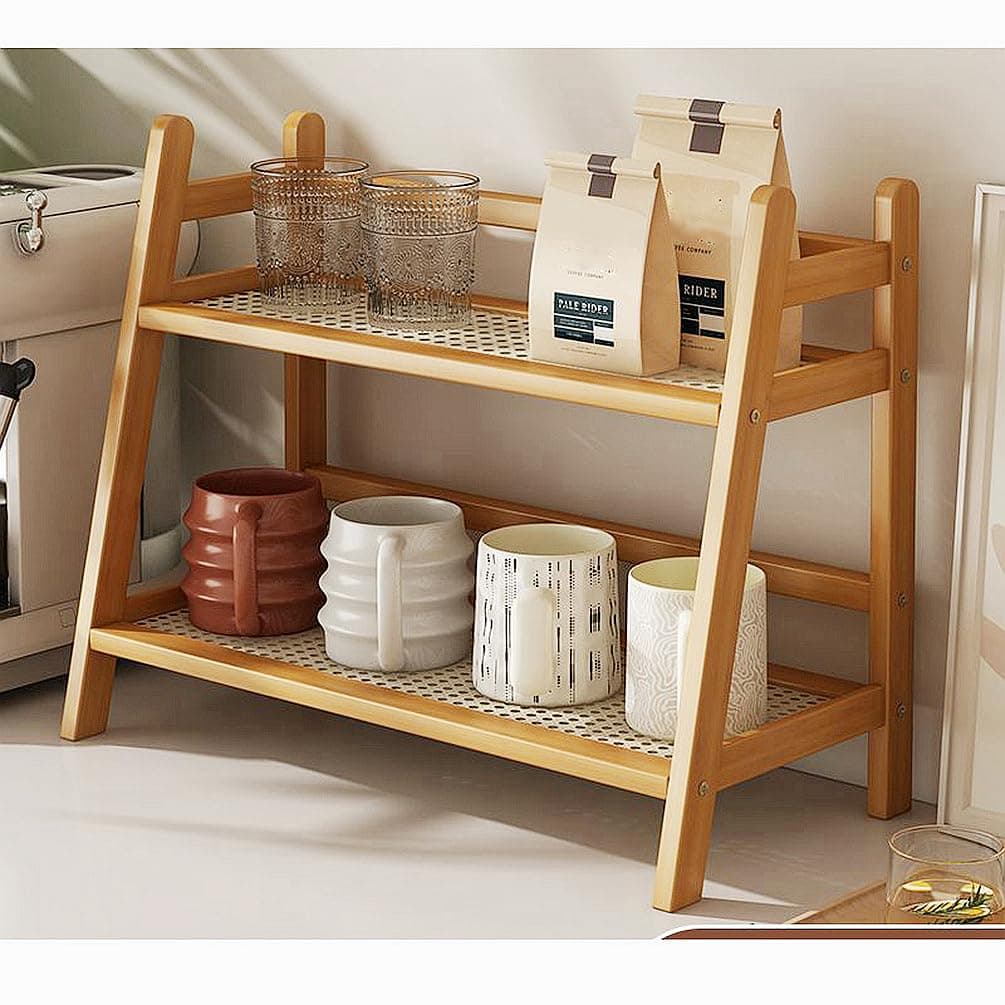 Kitchen Table Spice Rack, Household 2 Tier Mug Storage, Cabinet Coffee Cup, Mug Asphalt Shelf, Simple Bamboo Flower Holder Bookshelf (Wood Colour, Large)