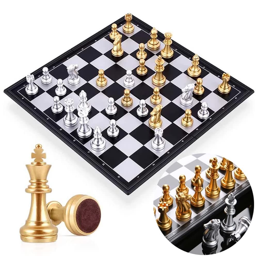 Rubik Chess Board Set Game, Magnetic Chess Piece Set with Chess Folding/Portable Storage Board, Traditional Game, Educational Toys for Kids/Children/Adults Gift (Gold/Silver, 32x32x2cm)