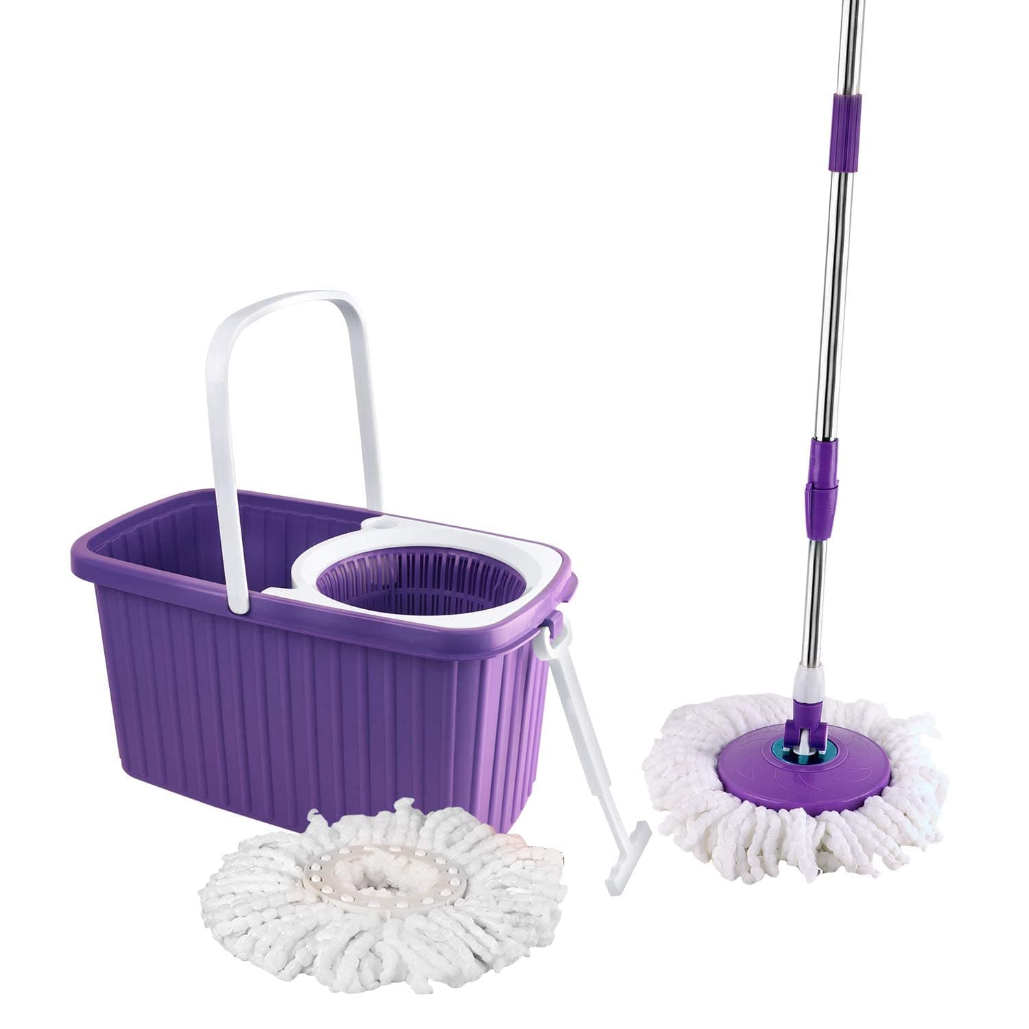Kleeno by Cello Hi Clean Spin Mop with 2 Microfiber Refills, Violet | Plastic Wringer and Wheels | Floor Cleaning Bucket and Mopping System