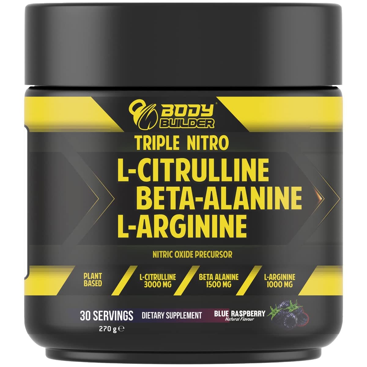 Body Builder Ultimate Nitric Oxide Booster - Triple Nitro with L-Citrulline, Beta-Alanine, L-Arginine - Blue Raspberry Flavor, 30 Servings, 270g