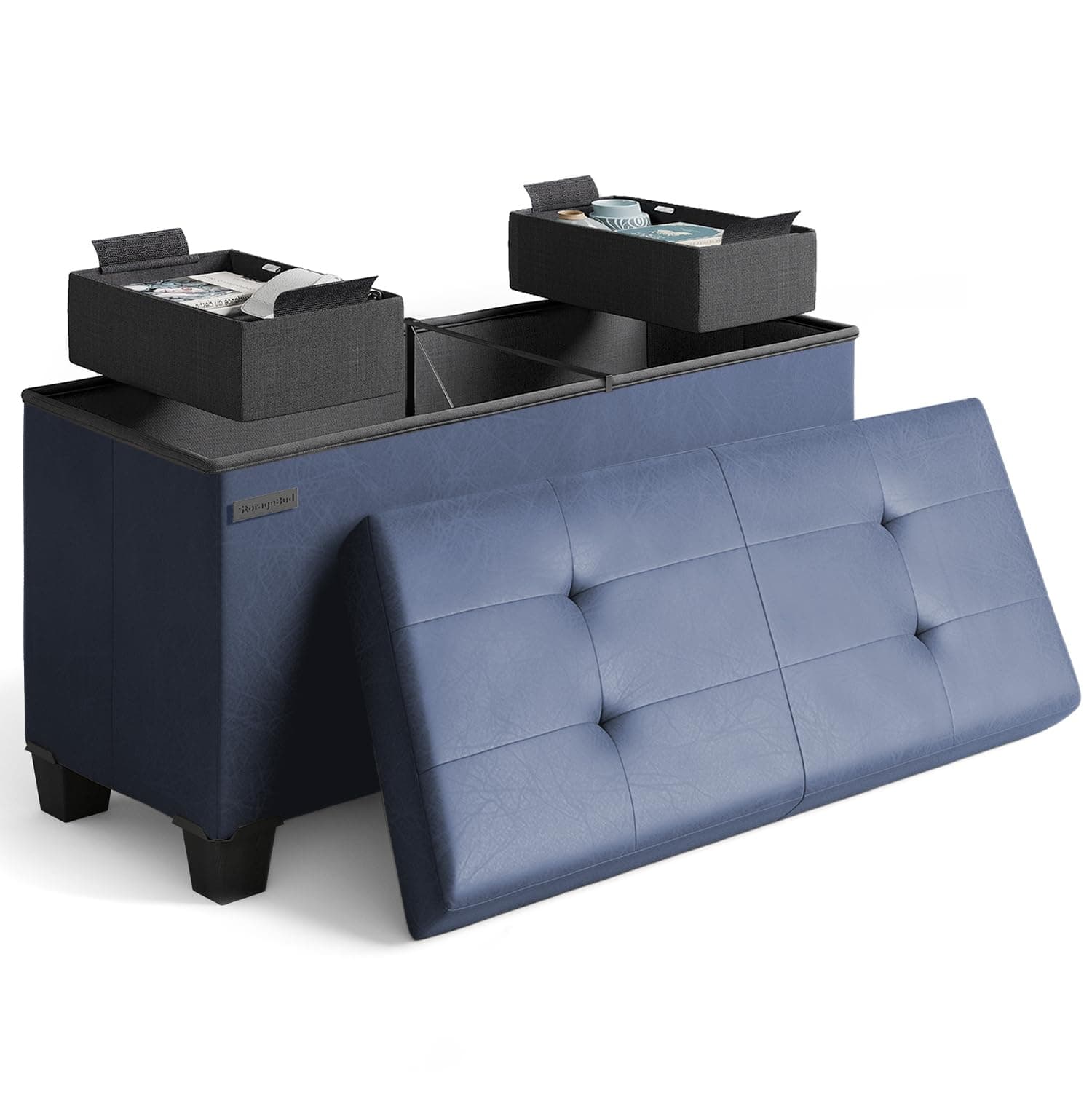 STORAGEBUD Storage Ottoman Bench with Bins, 30-in Storage Bench for Bedroom End of Bed, Folding Foot Rest Ottoman for Living Room Max 660lbs, Faux Leather Ottomans, Blue