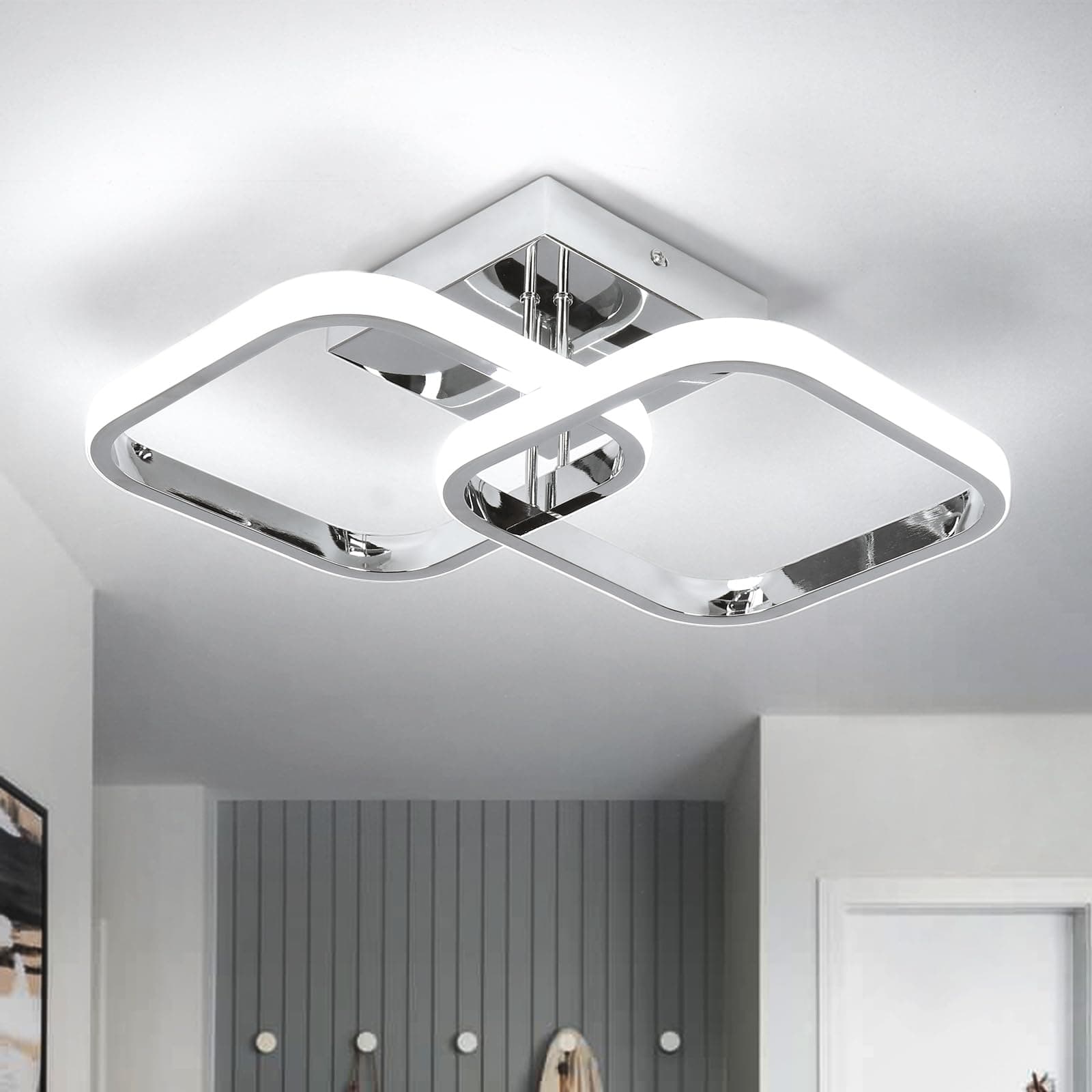 CANEOE Led Hallway Ceiling Light Fixtures, Square Modern Led Ceiling Lamp, 6000K Chrome Finish Indoor Ceiling Lighting Fixture for Living Room Bedroom Kitchen Bathroom Lights (GDD-SFSL-C-US)