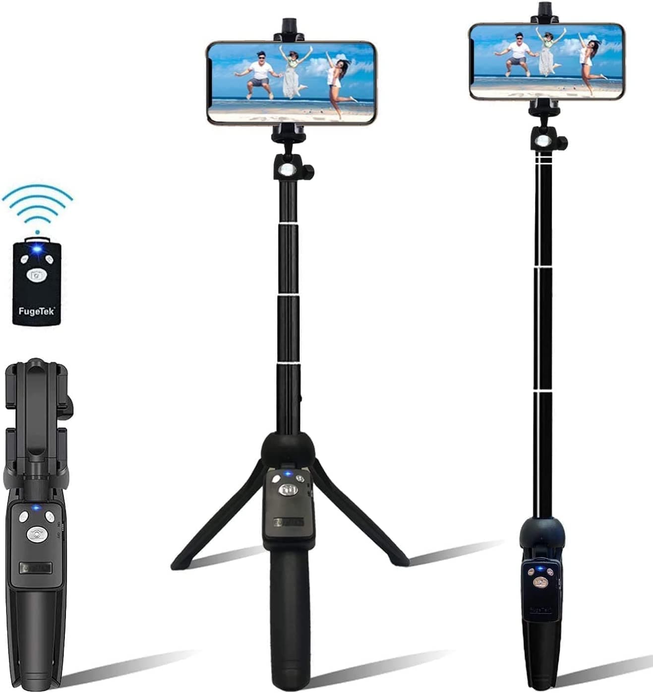 Fugetek 42" Compact Selfie Stick & Tripod, Extendable, Wireless Bluetooth Remote, Lightweight Aluminum, Travel Ready, Compatible with iPhone 14 13 12 Pro Xs Max Xr X 8Plus 7 & Android