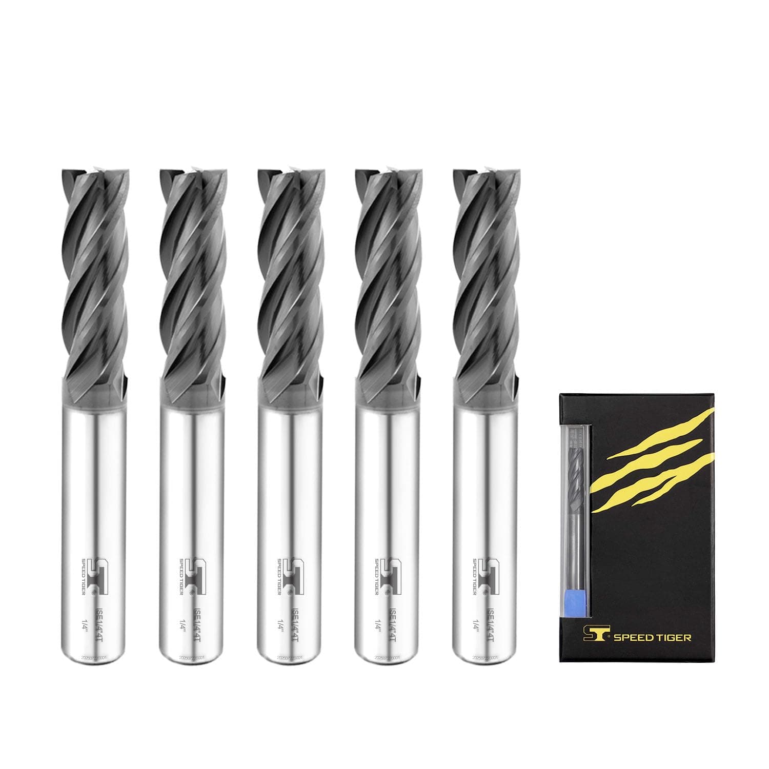 SPEED TIGER Micrograin Carbide Square End Mill - 4 Flute - ISE1/4 4T (5 Pieces, 1/4") - for Milling Alloy Steels, Hardened Steel, Metal & More – Mill Bits Sets for DIYers & Professionals
