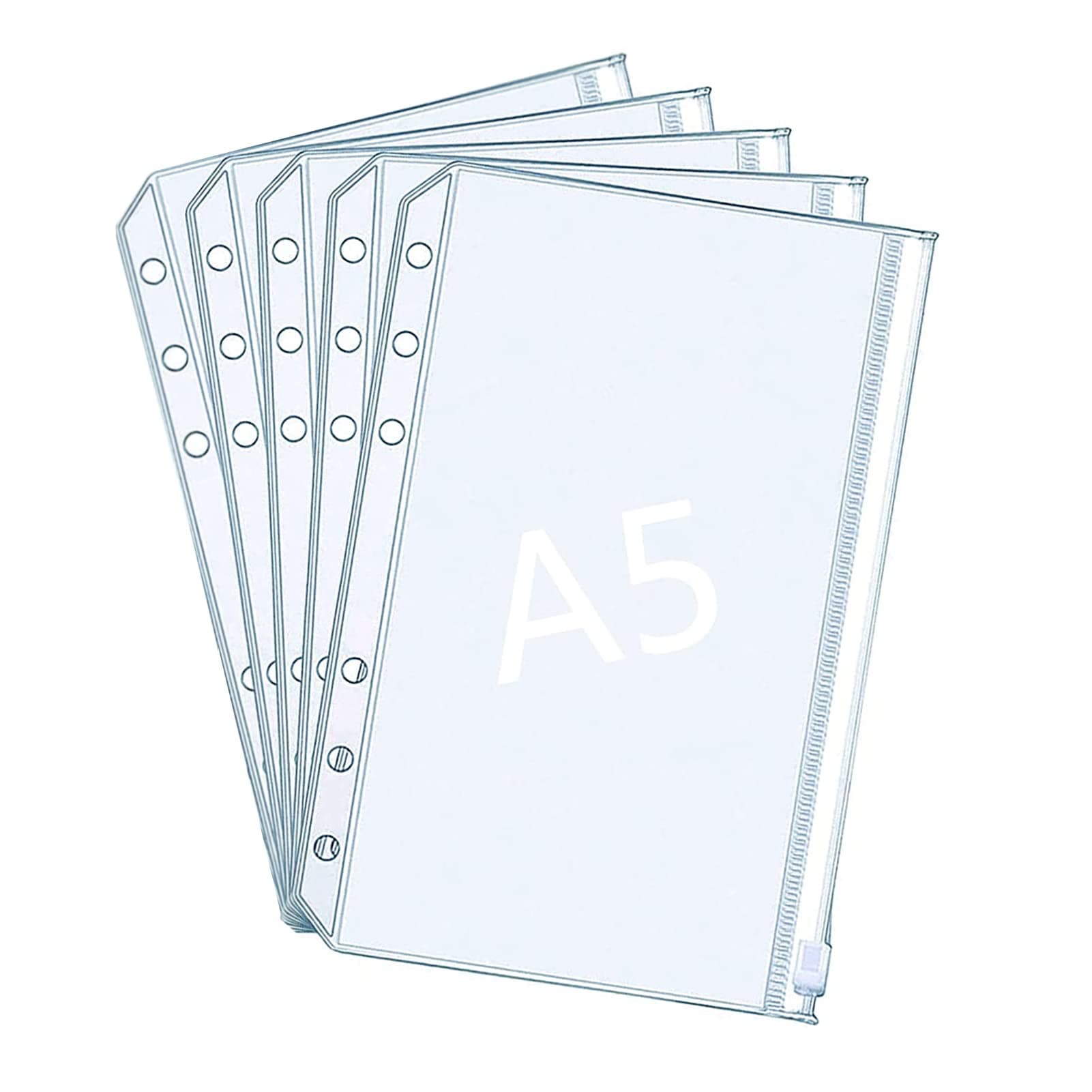 5 Pcs A5 Plastic Zipper Budget Binder Pockets,A5 Size 6Hole Plastic Binder Zipper Folders Waterproof Loose Leaf Bags Notebook Documents,Photo,Bills Organizer Money Cash Envelope Punch Wallet Organiser