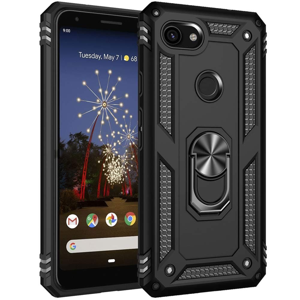 Military Grade Drop Impact for Google Pixel 3A XL Case 360 Metal Rotating Ring Kickstand Holder Magnetic Car Mount Armor Protection Shockproof for Google Pixel 3A XL Phone Case (Black)