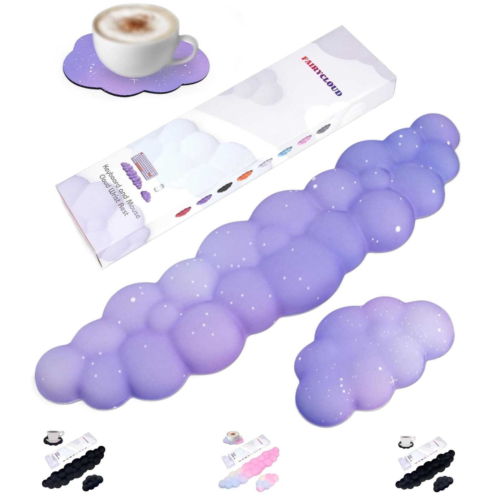 Cloud Wrist Rest Set for Keyboard and Mouse, Includes Cute Coaster, with Computers and Laptops(Purple Star Set)