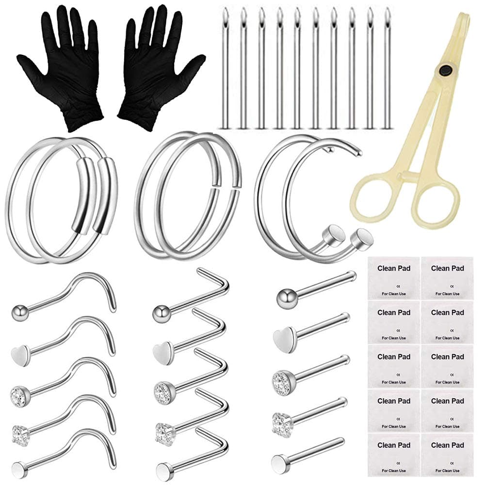 Piercing Kit - Autdor 44Pcs Professional Nose Piercing Kit Includes Piercing Jewelry Piercing Needles 18G 20G Piercing Clamps Nose Ring Studs Nose Nail for Body Piercing Kit Piercing Supplies