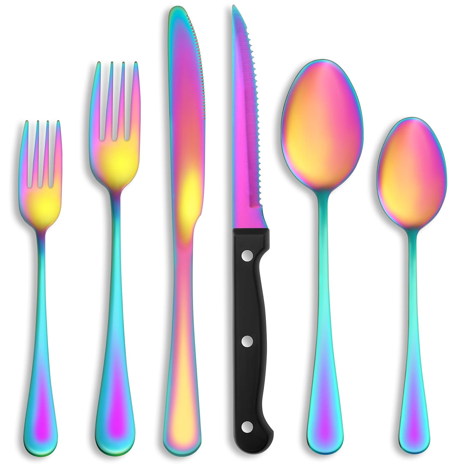 24 Pcs Rainbow Silverware Set with Steak Knives Service for 4,Stainless Steel Flatware Set,Mirror Polished Cutlery Utensil Set, Kitchen Eating Tableware,Include Fork Knife Spoon Set,Dishwasher Safe