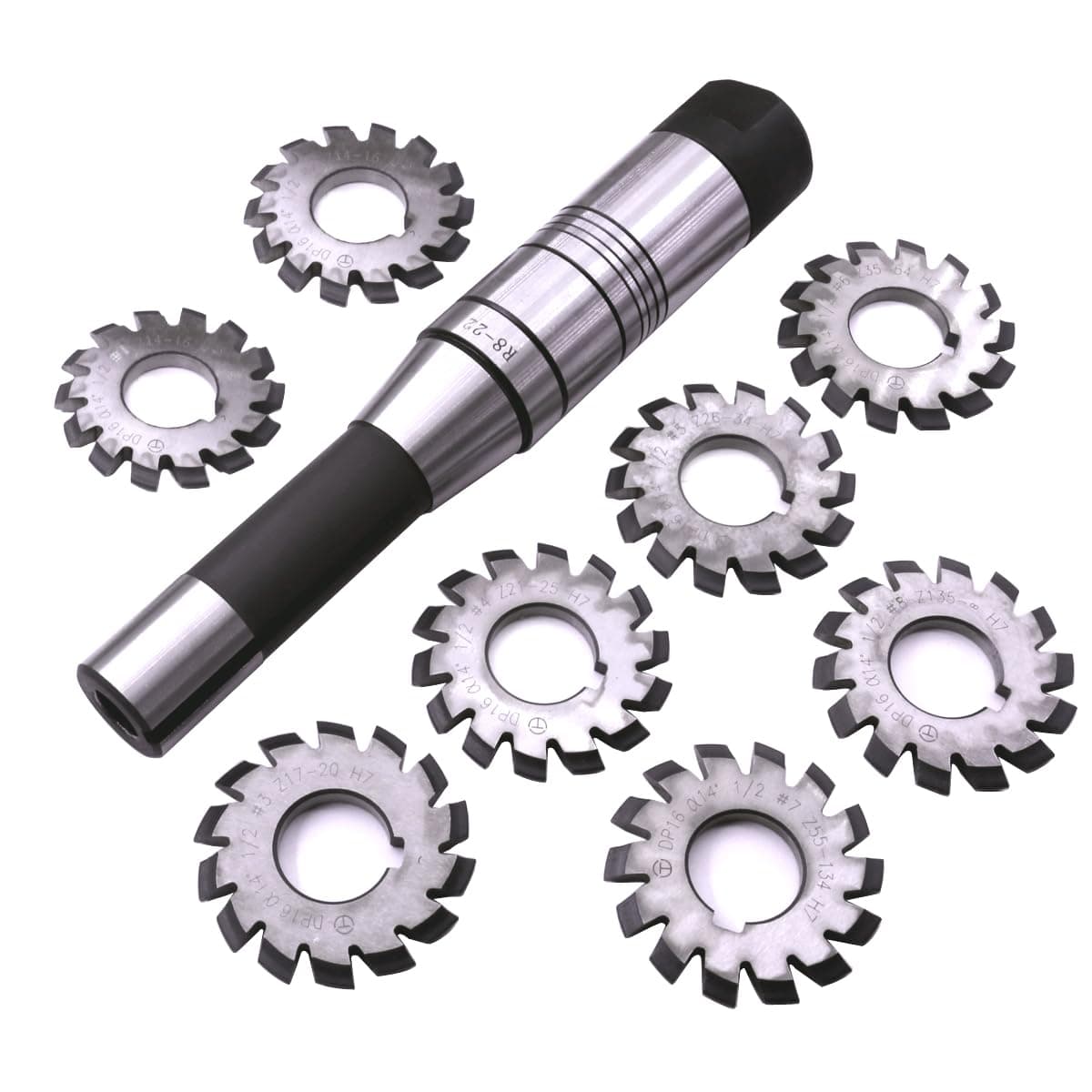 EVNSIX Dp16 PA14-1/2 Bore22 No. 1-8 Involute Gear Cutters+ 7/16 Inch 22mm R8 Shank Milling Arbor Gear Mill Cutter Holder Machine