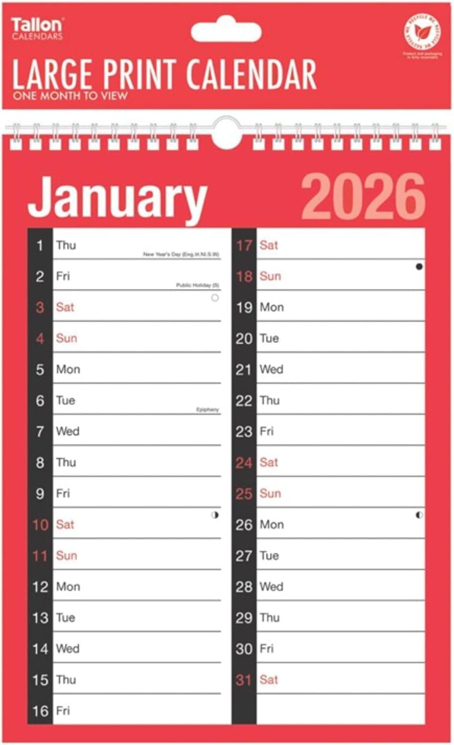 2026 Wallplanner R&B - A4 2 Column Month to View Slim Wallplanner Spiral Bound Calendar for Home Business Office School