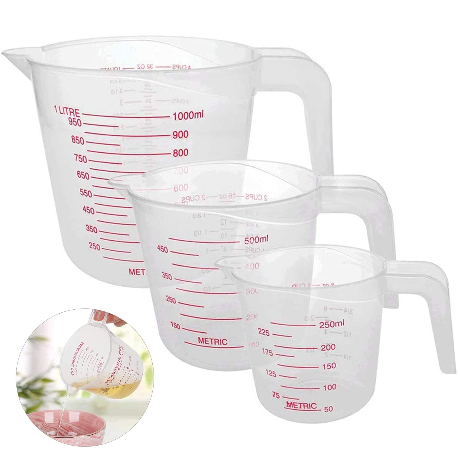 Plastic Measuring Jugs 3PCS,Kitchen Baking Jugs Set, Measuring Jugs Set 250ML 500ML 1000ML Clear Measuring Cup for Cooking Baking, Easy to Read Measurements, Cook with Accuracy