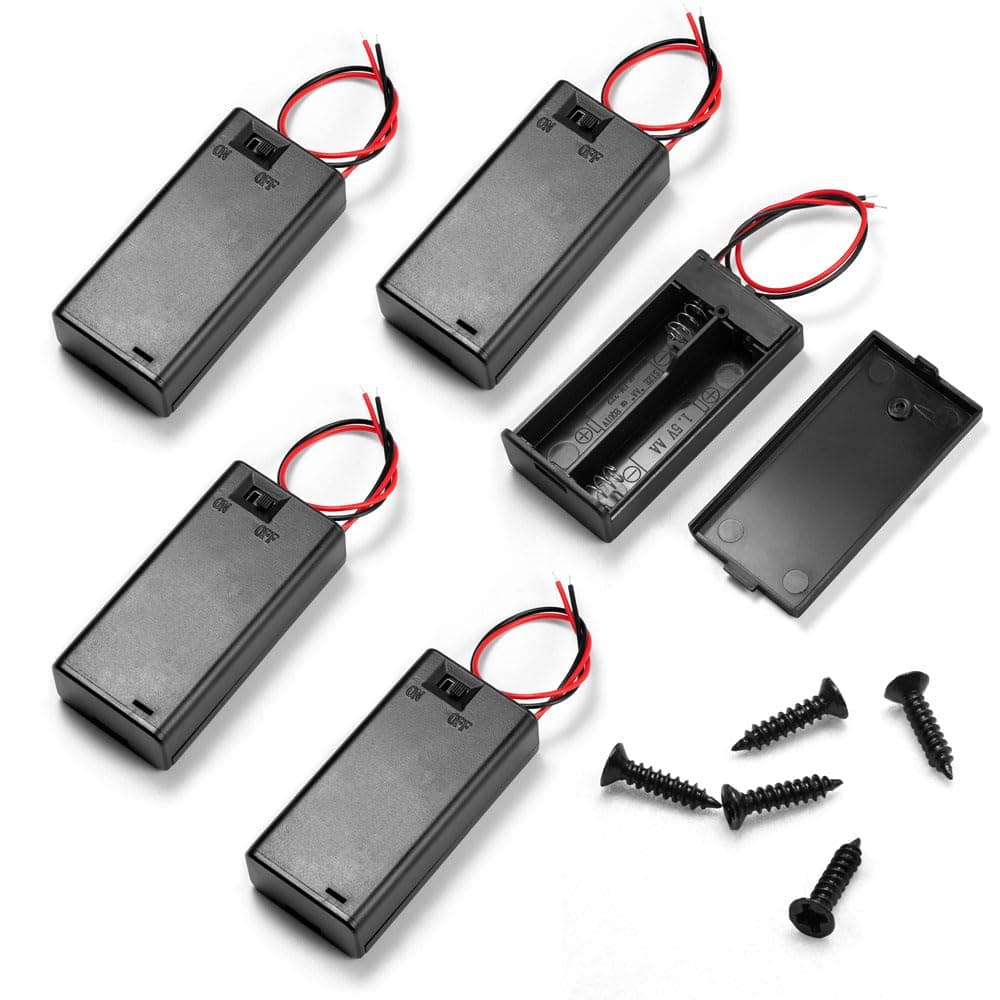 5Pcs 2 AA Battery Holder with Switch, 2X 1.5V AA Battery Holder Case with Wire Leads and ON/Off Switch(5 Pack)