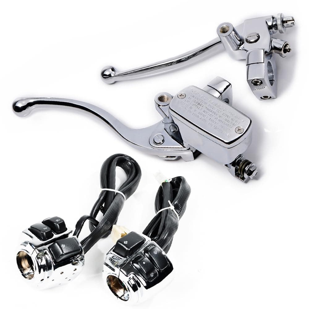 Chrome Pair Motorcycle 25mm 1" Handlebar Switch Controls Turn Signal Headlight with Black Button + 2PCS Brake Master Cylinder Clutch Lever for 1996-2012 Harley Softail Dyna Sportster
