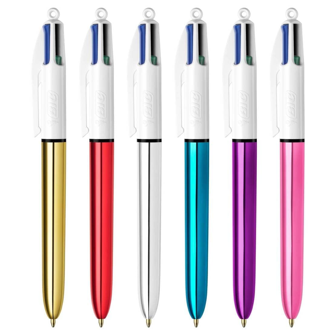 BIC 4 Colours Shine Retractable Ballpoint Pens, Medium Point (1.0 mm) - Assorted Metallic Barrels, Box of 12
