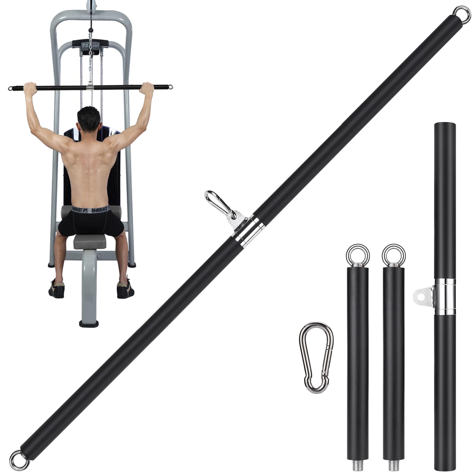 TOBWOLF 42 Inch Detachable LAT Pulldown Bar Attachment for Gym Cable Machine, 360º Rotating T-bar, Full Wrapped EVA Sponge Non-slip Handle, Double Hook Straight Bar for Pulley System Strength Training