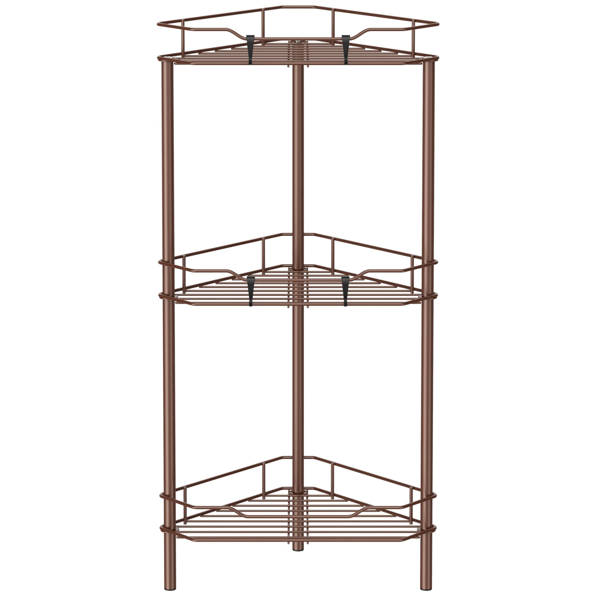 3 Tier Floor Standing Corner Shower Caddy Organizer Shelf with Hooks, Bathroom Shelves Stand Rack, Coffee