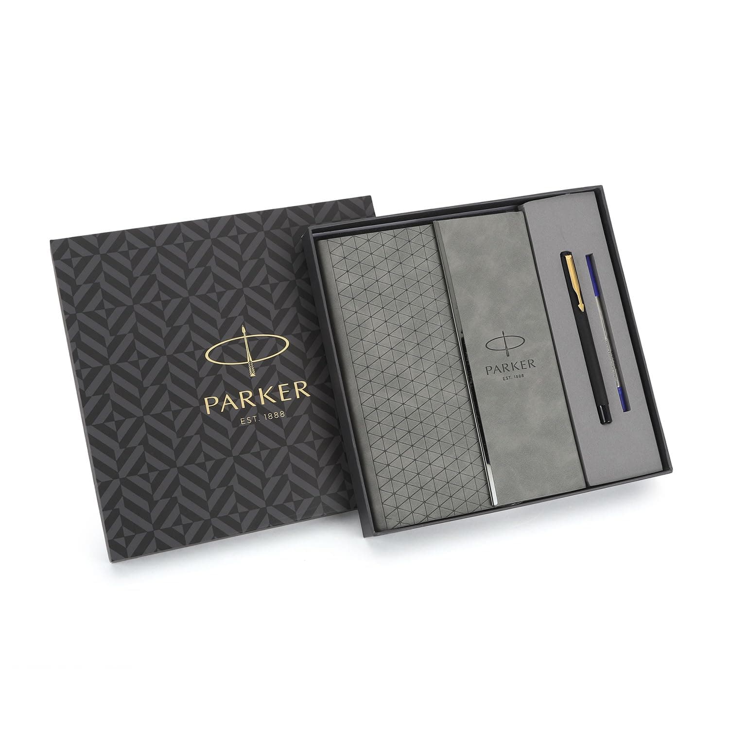 Parker Gift Set | Vector Matte Black Gold Trim Roller Ball Pen Grey Flip PU Notebook | 1 Pen + 1 Note Book| Ink Color - Blue