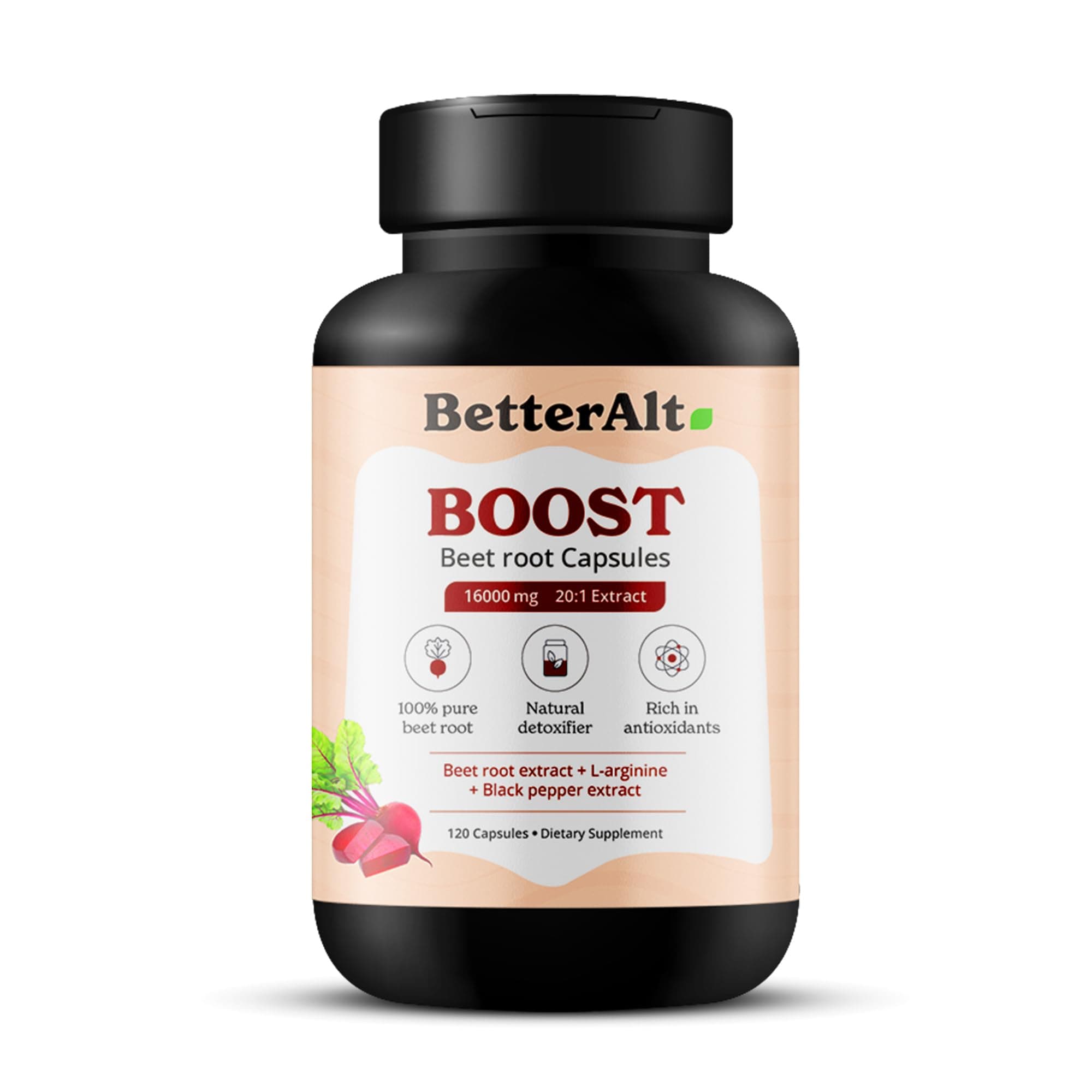 Better Alt 16000mg Beet Root Powder Capsules (120 Capsules)| with 800 mg L Arginine, 10 mg Black Pepper| Boost Performance