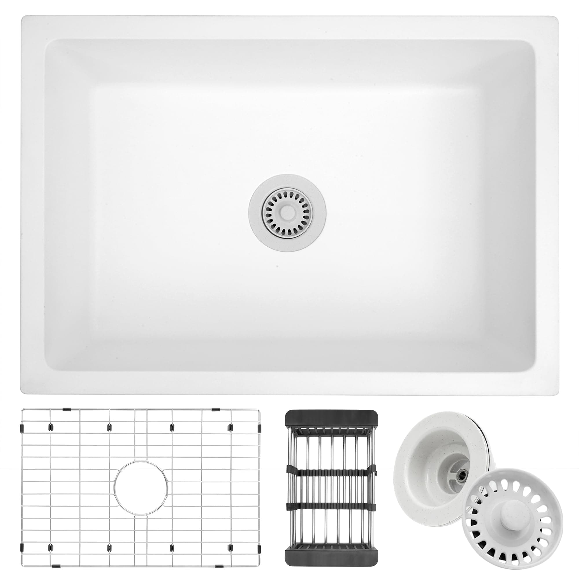 White Kitchen Sink, White Granite Composite Kitchen Sink, 27 Inch Undermount Quartz Stone Kitchen Sinks, 27" x 18" x 9" Single Bowl Kitchen Sinks With Accessories