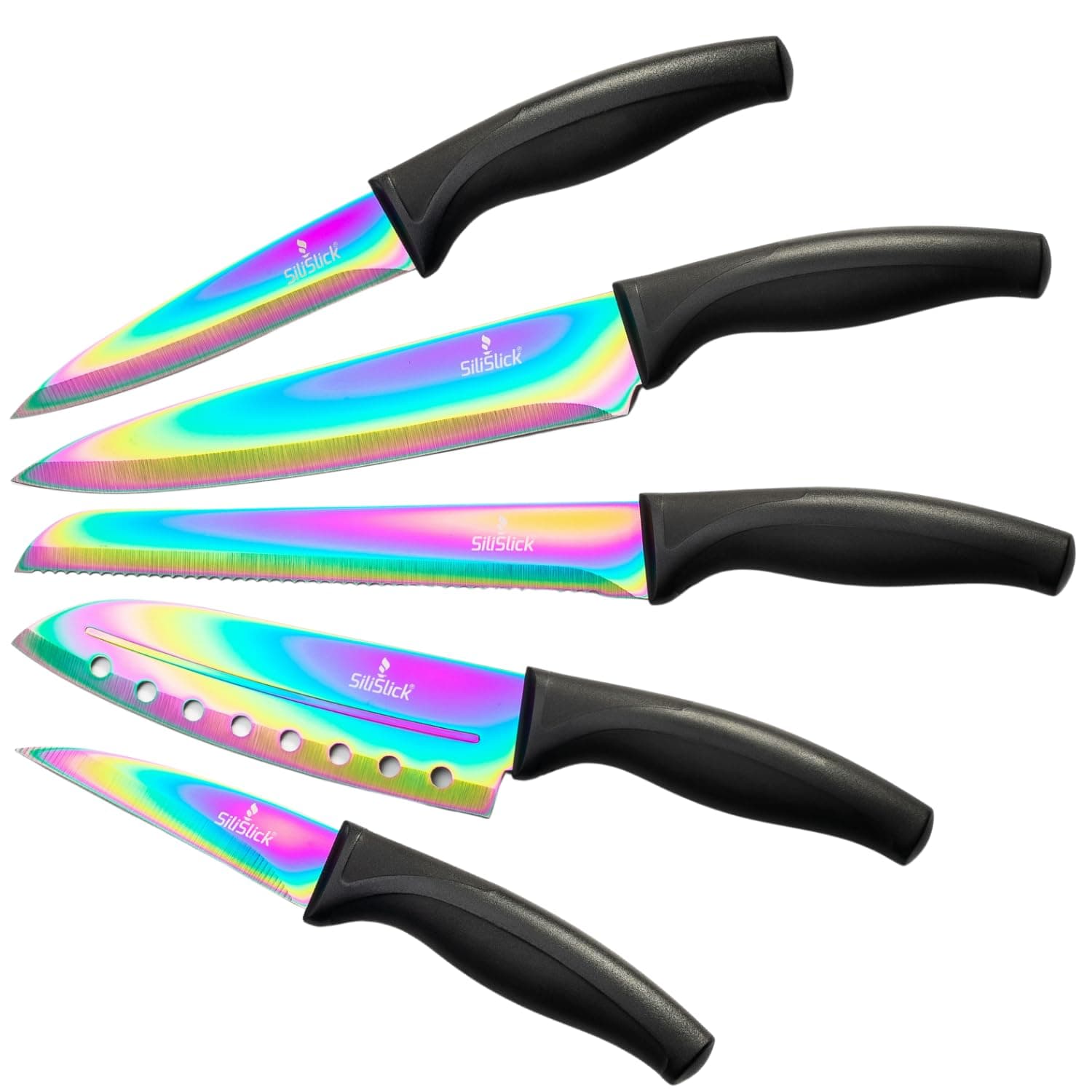 Rainbow Kitchen Knife Set, Sharp Stainless Steel Knives with Titanium Coating, Chef, Bread, Santoku, Paring, & Utility, Includes Covers, Ergonomic Black Handle