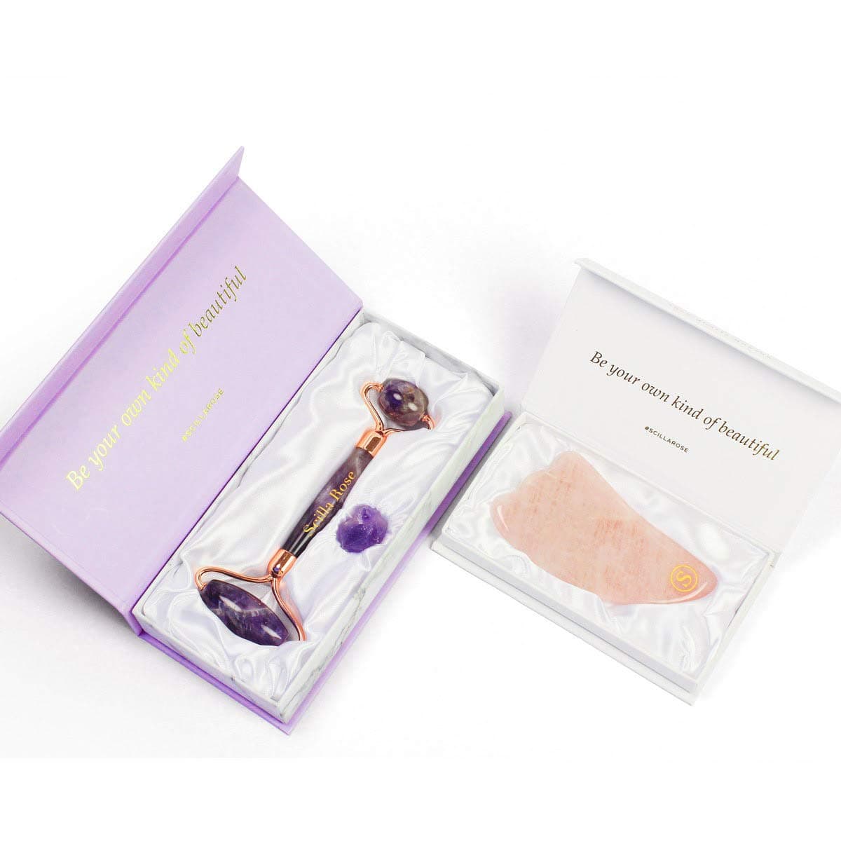 Scilla Rose Amethyst Roller and Rose Gua Sha Gift Set, Pamper Gifts for Women, Facial Massage Gift Set Box, Gift Wrapped for Her, Birthday Gifts