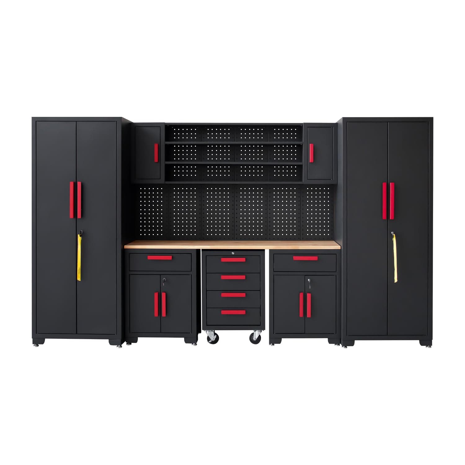 Garage Cabinet Storage System - 9-Piece Workshop Set w/Steel Cabinets & Workbench Includes Rolling Chest & Pegboard Heavy-Duty Black & Red Tool Organization for Garage/Workshop