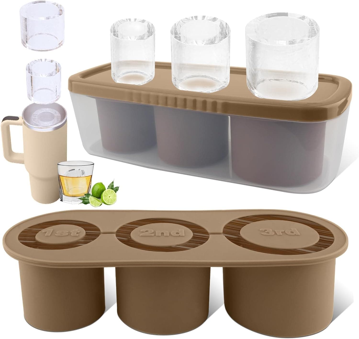 Tcamp Ice Cube Tray With Lid and Bin for 30-40 oz Tumbler Cup, Silicone Ice Cube Molds for Chilling Cocktails, Whiskey, Drinks, Coffee, Tea, Easy Fill and Release Ice Maker (Brown)