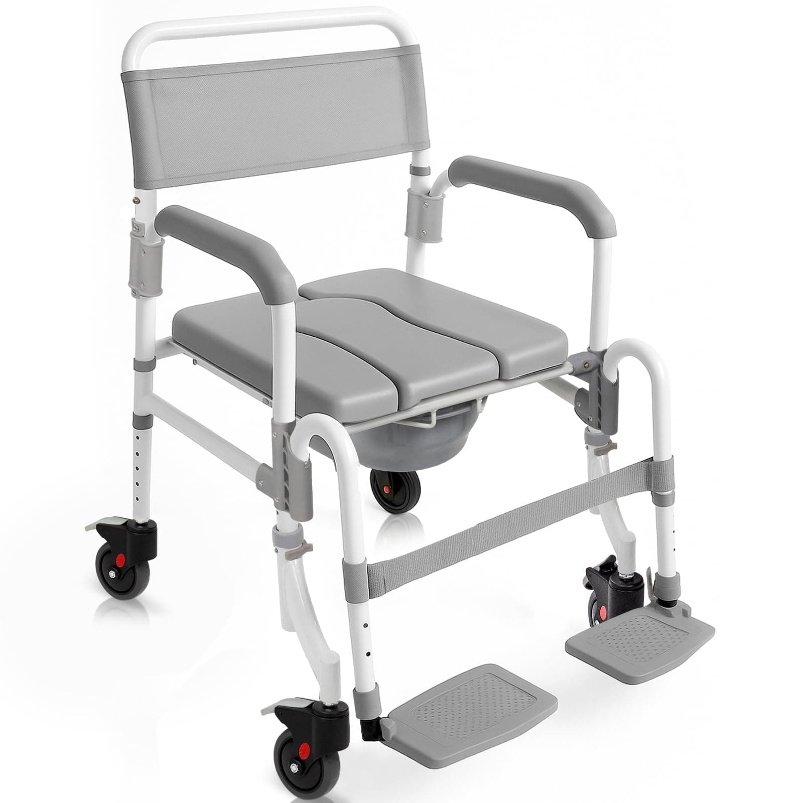 Vive Rolling Commode & Shower Chair with Wheels - 3 in 1 Transport Wheelchair for Inside Bathroom & Bedside - for Disabled Adults, Elderly, Seniors & Handicap