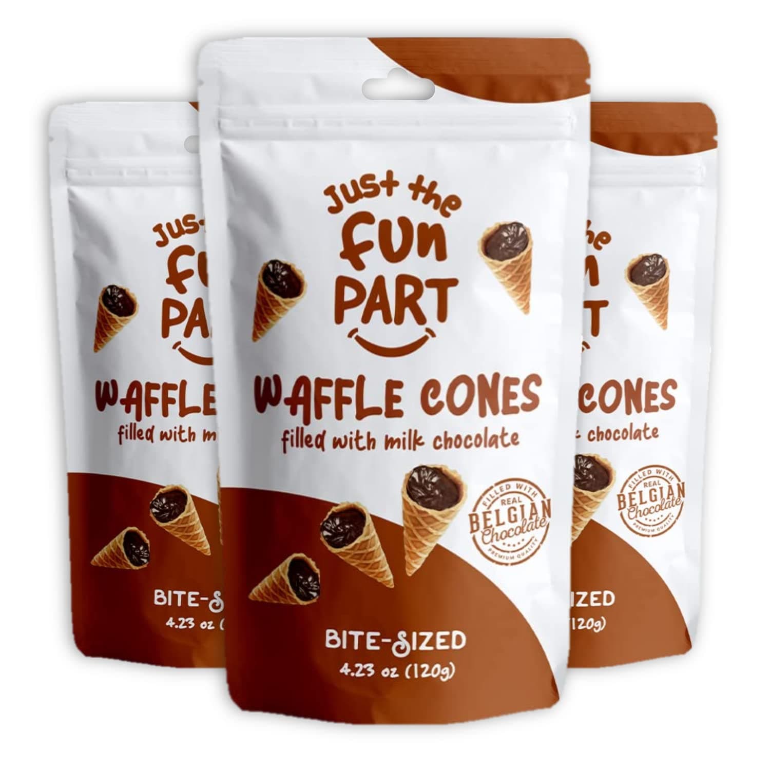Just The Fun Part, Bite-Size Crispy Mini Waffle Cones, Filled With Premium Belgian Milk Chocolate, Great For Snacks, Desserts, Grab & Go - Milk Chocolate, 4.23 Ounce (Pack of 3)