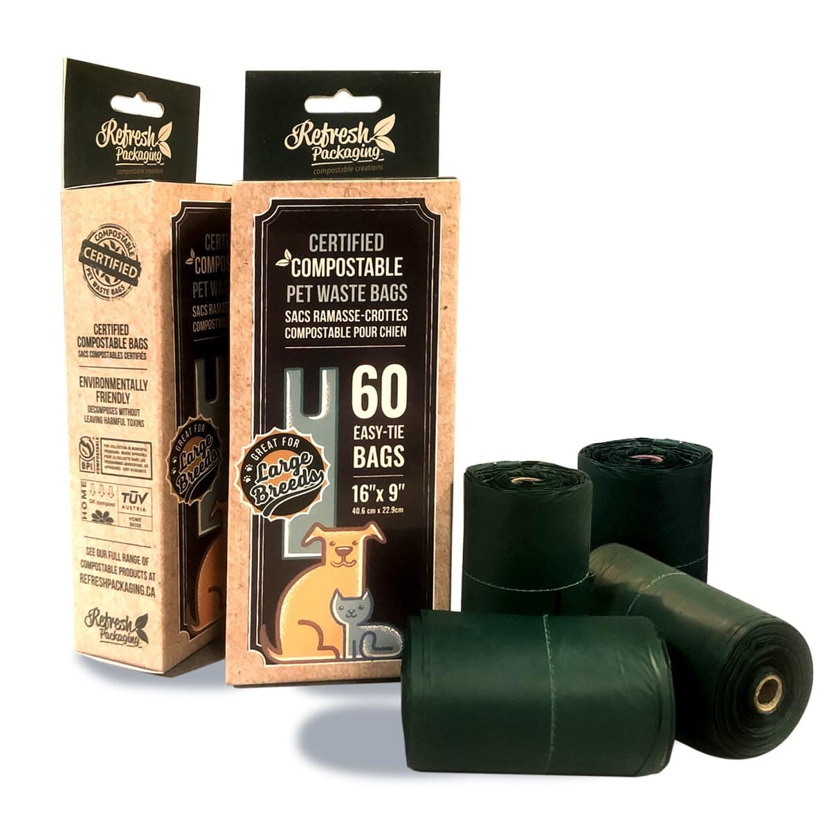 Refresh Packaging Pet Waste Bags - 100% Certified Compostable With Handles for Easy -60 Bags Per Box.