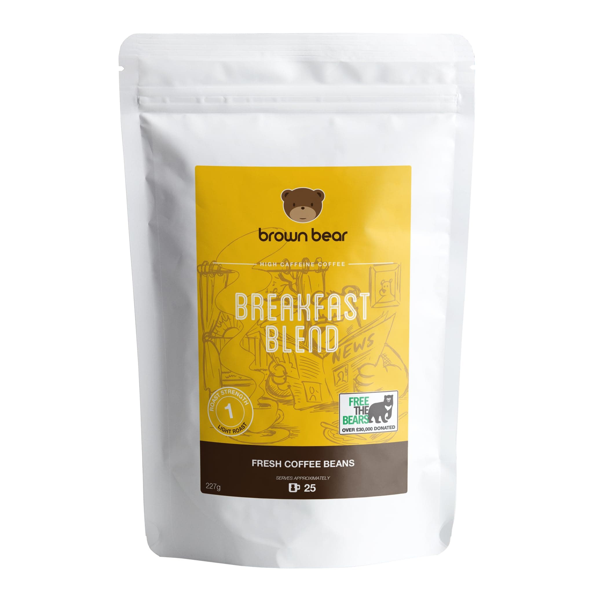 Light Roast Coffee Beans 227g - Brown Bear Breakfast Blend - Donation to Free The Bears - For All Coffee Machines - 100% Arabica