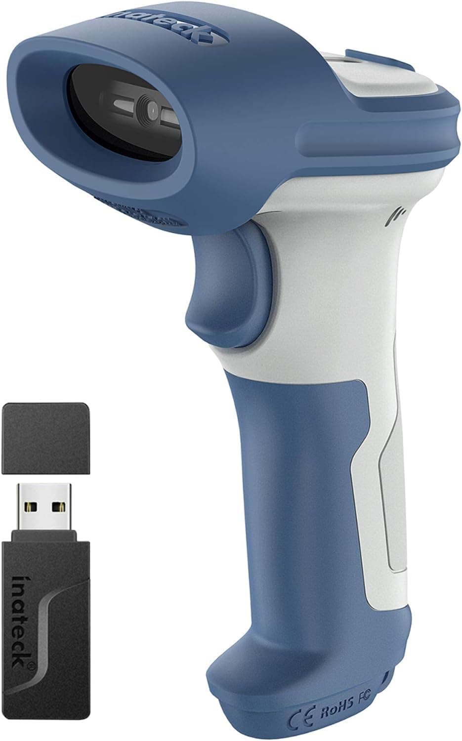 Inateck Bluetooth Barcode Scanner, 2D Wireless Barcode Scanner, Bluetooth 5.0 and 2.4Ghz Adapter, 3 in 1 Reader, Support GS1 Barcode, BCST-73 Blue White