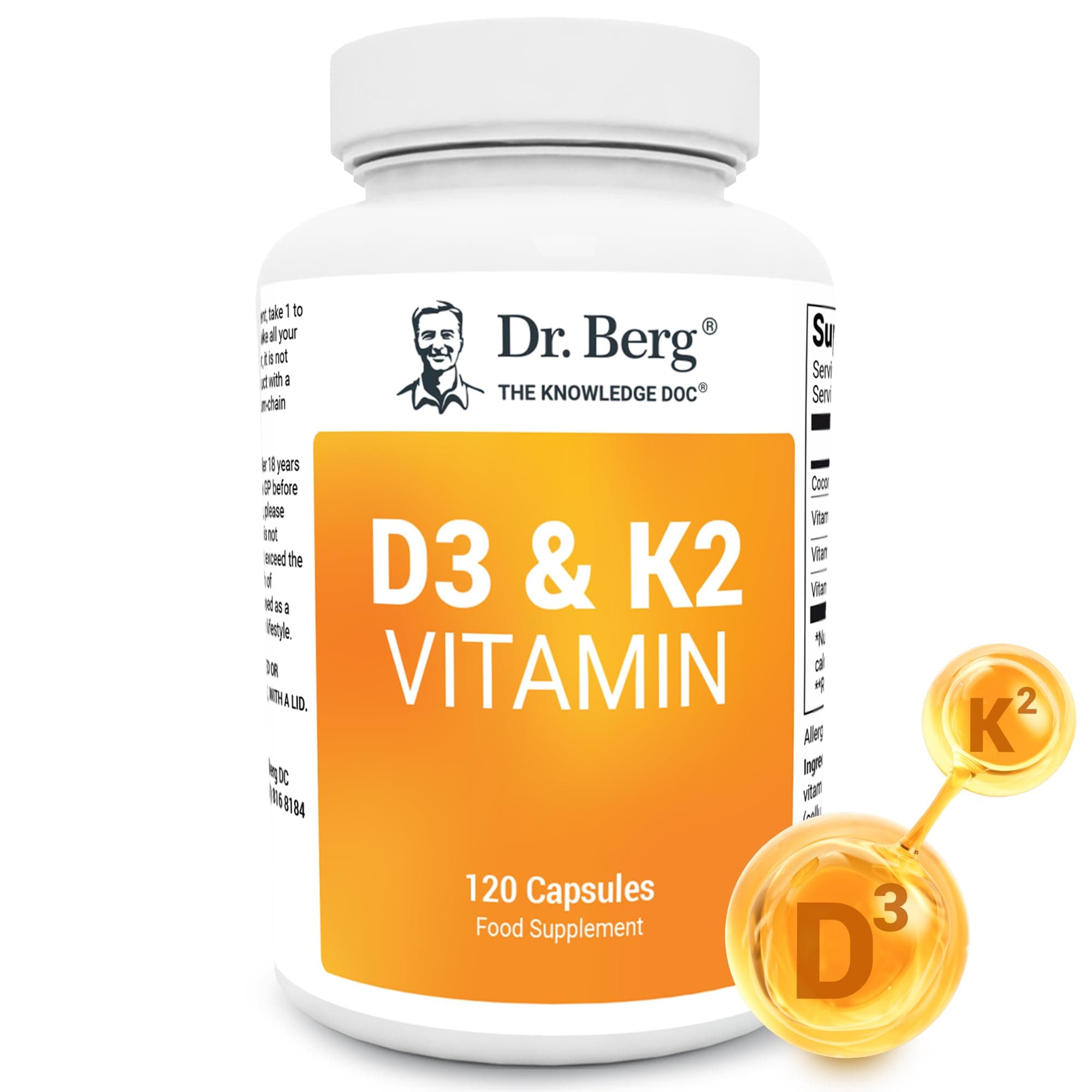 Dr. Berg Vitamin D3 K2 w/ MCT - Includes 2,000 IUs of Vitamin D3 & 50 mcg MK7 Vitamin K2 - No Added Sugars, Maltodextrin or Corn Syrup - 120 Capsules