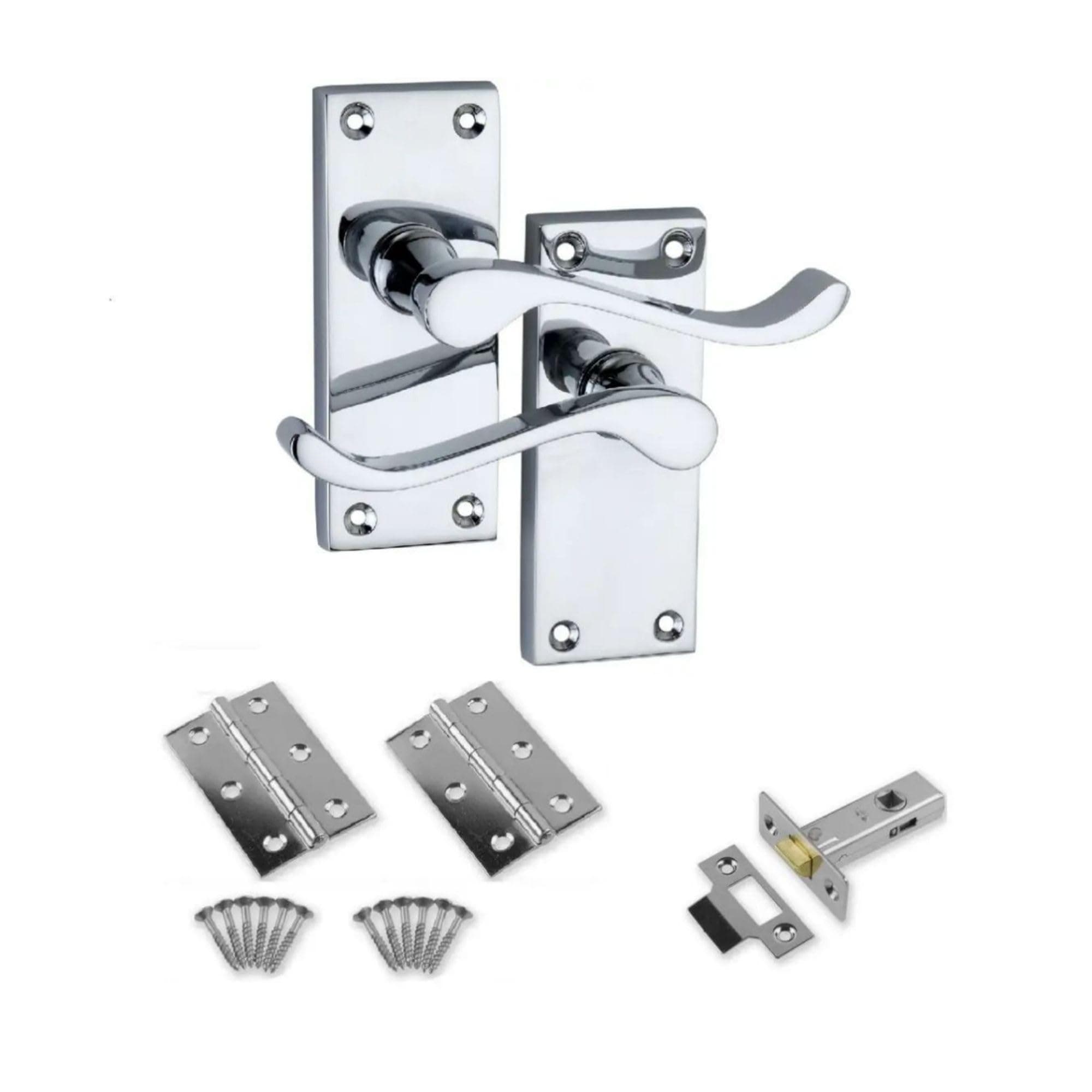 Victorian Scroll Polished Chrome Door Handle Pair with 64mm Tubular Latch & 2X 75mm Hinges - Interior Door Pack Set