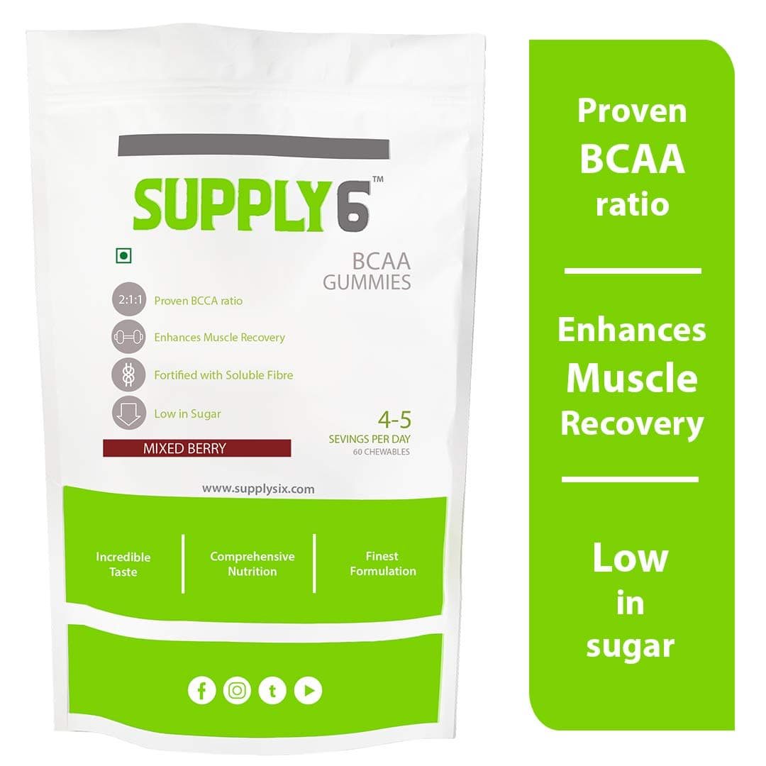 Supply6 BCAA Gummies - with a Unique 2:1:1 Ratio of Leucine: Isoleucine: Valine - Enhances Lean Muscles Recovery - 60 Chewables (Mixed Berry Flavour)