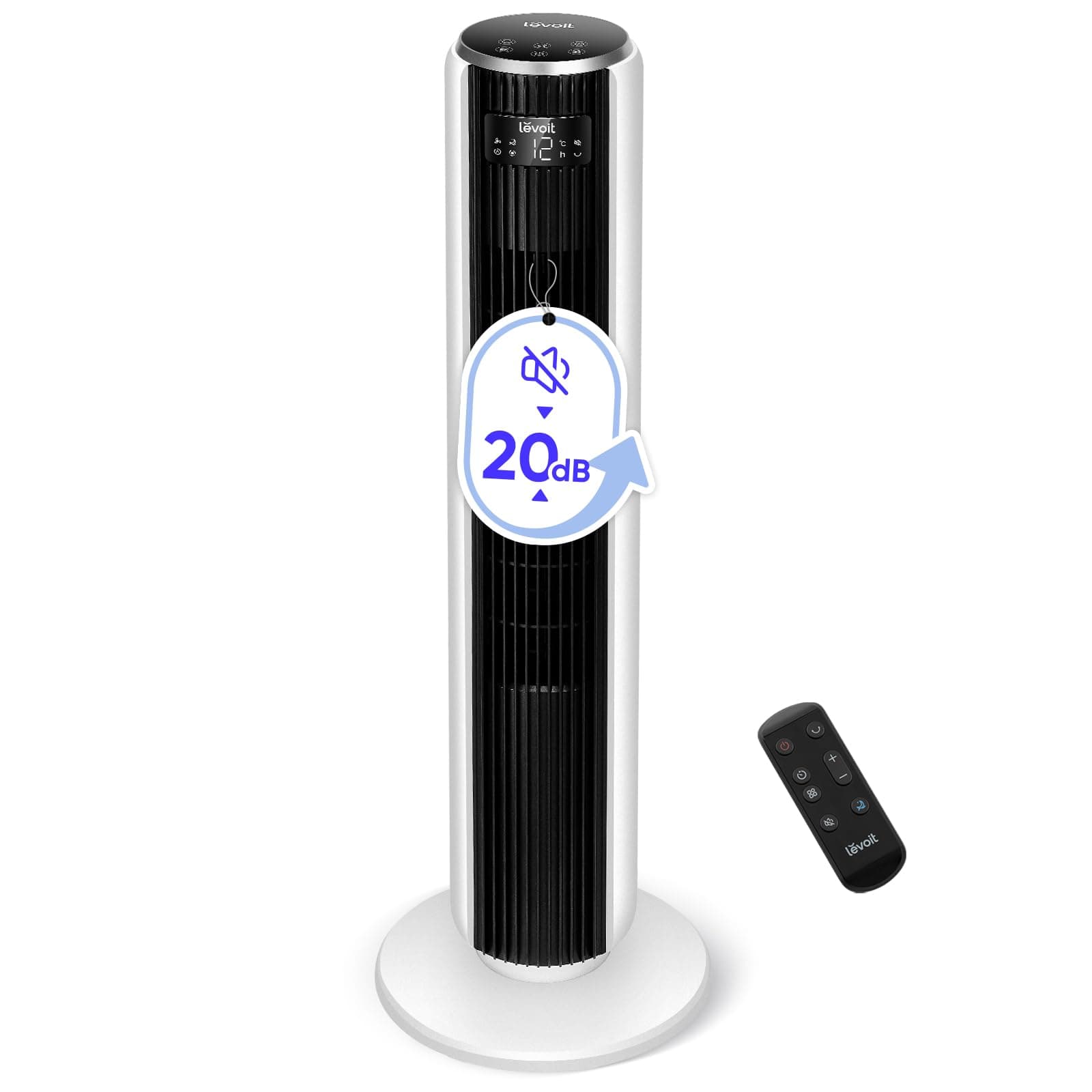 20dB Silent Tower Fan, 5.5W-26W Energy Saving Fan for Bedroom&Home, Powerful Cooling with DC Motor, 4 Modes 12 Speeds, Advanced Sleep Mode, 90° Oscillation, Remote Control, 12H Timer, Floor Fan