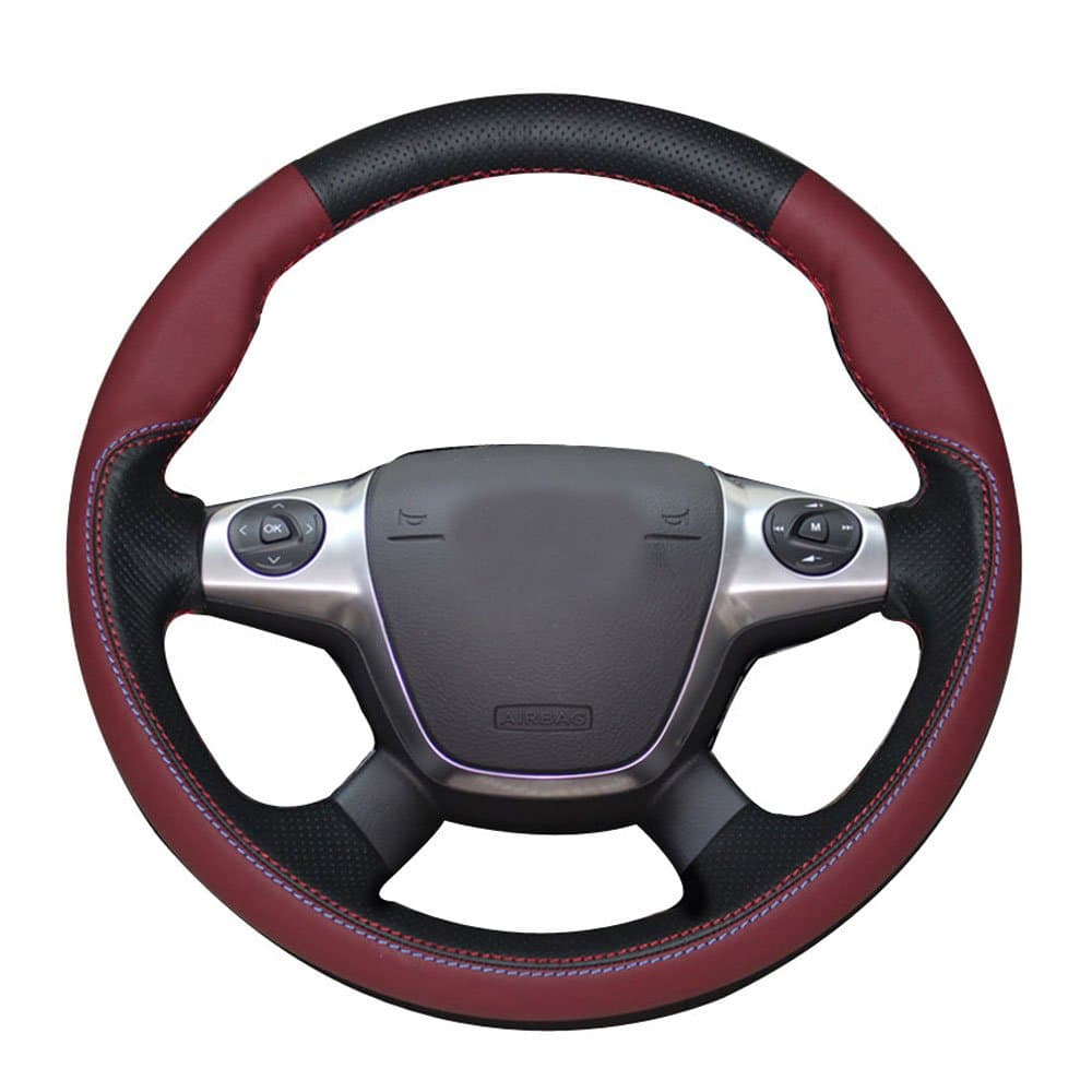 Eiseng DIY Leather Steering Wheel Cover for 2012 2013 2014 2015 2016 2017 4 Spoke Ford Focus Sedan Hatchback for 2013-2016 Ford Escape SUV Accessories 15 inch (Black Leather+Claret-red Fibre Leather)