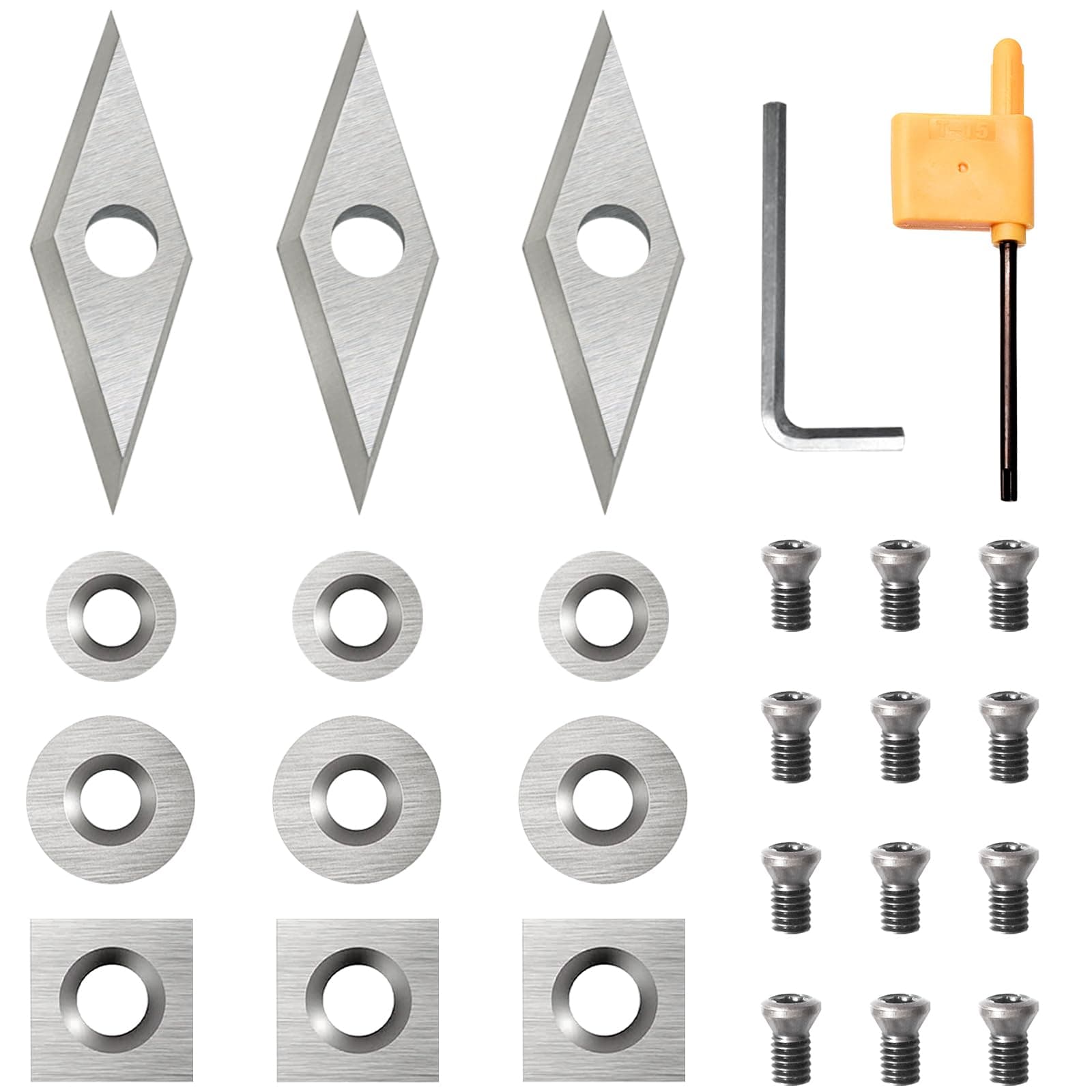 27pcs Carbide Lathe Tools,Tungsten Cutters Inserts Set for Wood Lathe Turning Tools, Include 11 mm Square with Radius, 12 mm and 8.9 mm Round, 30 x 10 mm Diamond, Screwdriver,Screws
