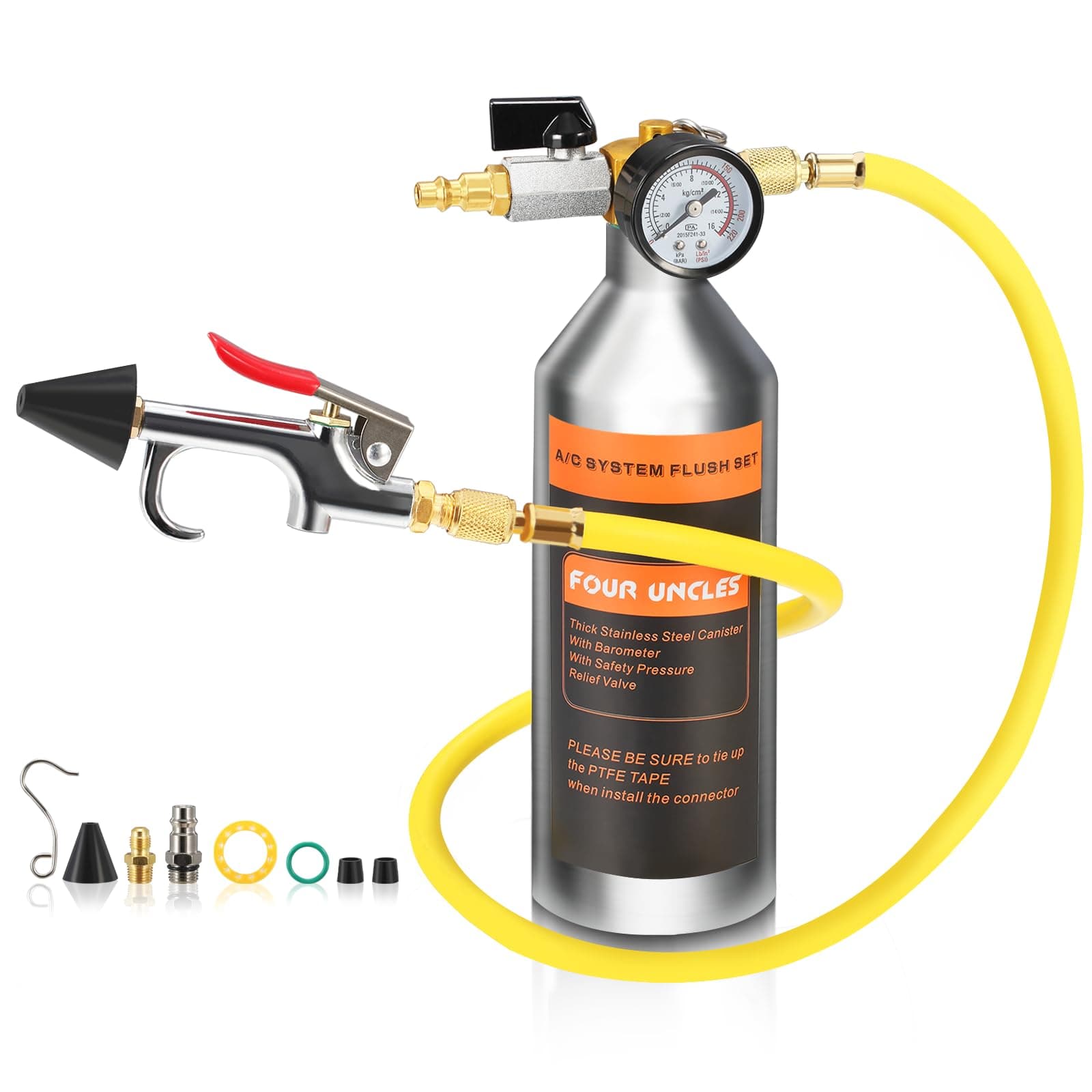 FOUR UNCLES AC Flush Kit - Air Conditioner System Cleaning Tool Set with Stainless Steel Canister and Nylon Hose & Flushing Spray Gun for R134a R12 R22 R410a R404a(Not Includes Flush Solvent)