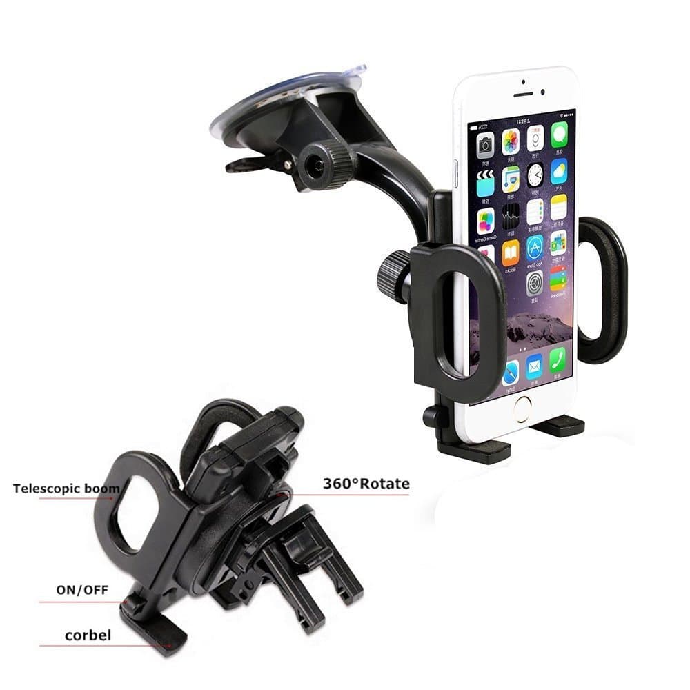 2 in 1 Car Mobile Holder-Universal Fit-Secure Cell Phone/GPS to Windshield or Air Vent in Vehicle Adjustable Grips for Safety and Security Fits Iphone/Samsung Galaxy and all Smartphones (Black)