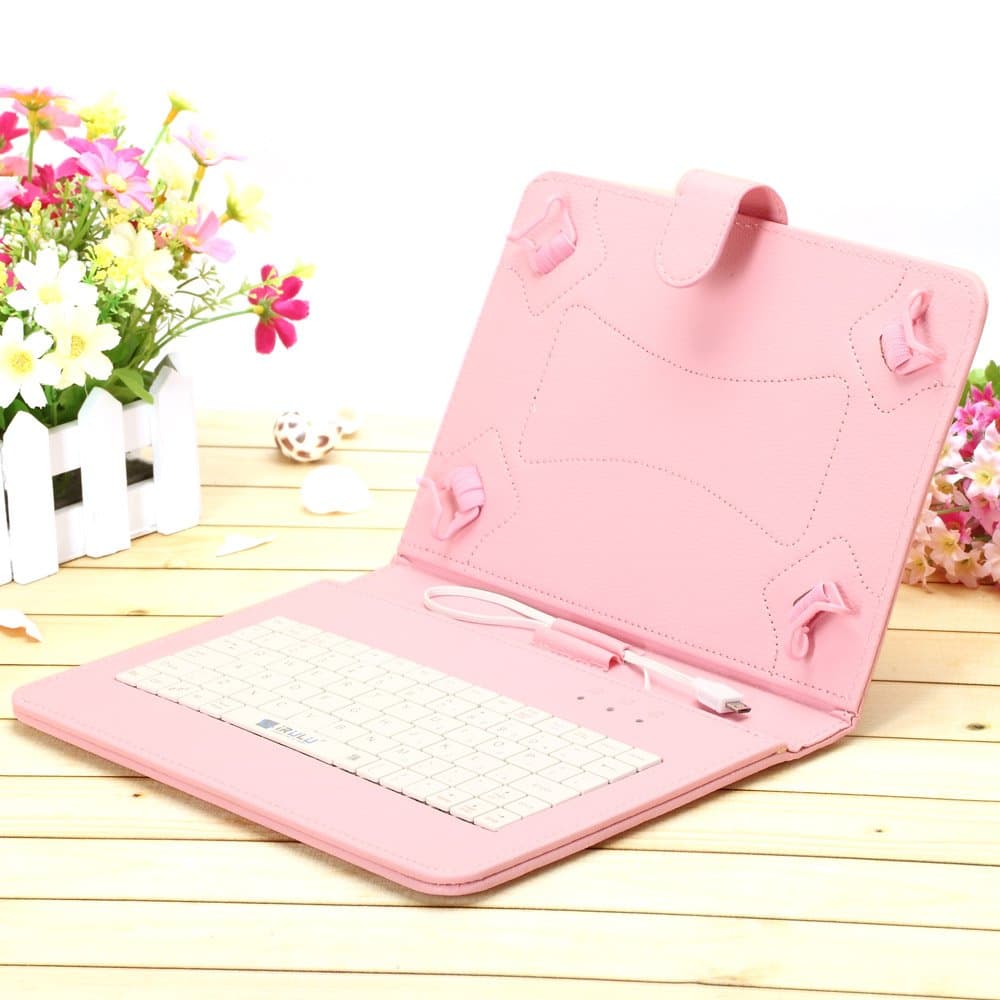 iRULU Leather USB Keyboard Case for 8-9 Inch Touch Screen Tablet with Buttons and Stand -Pink