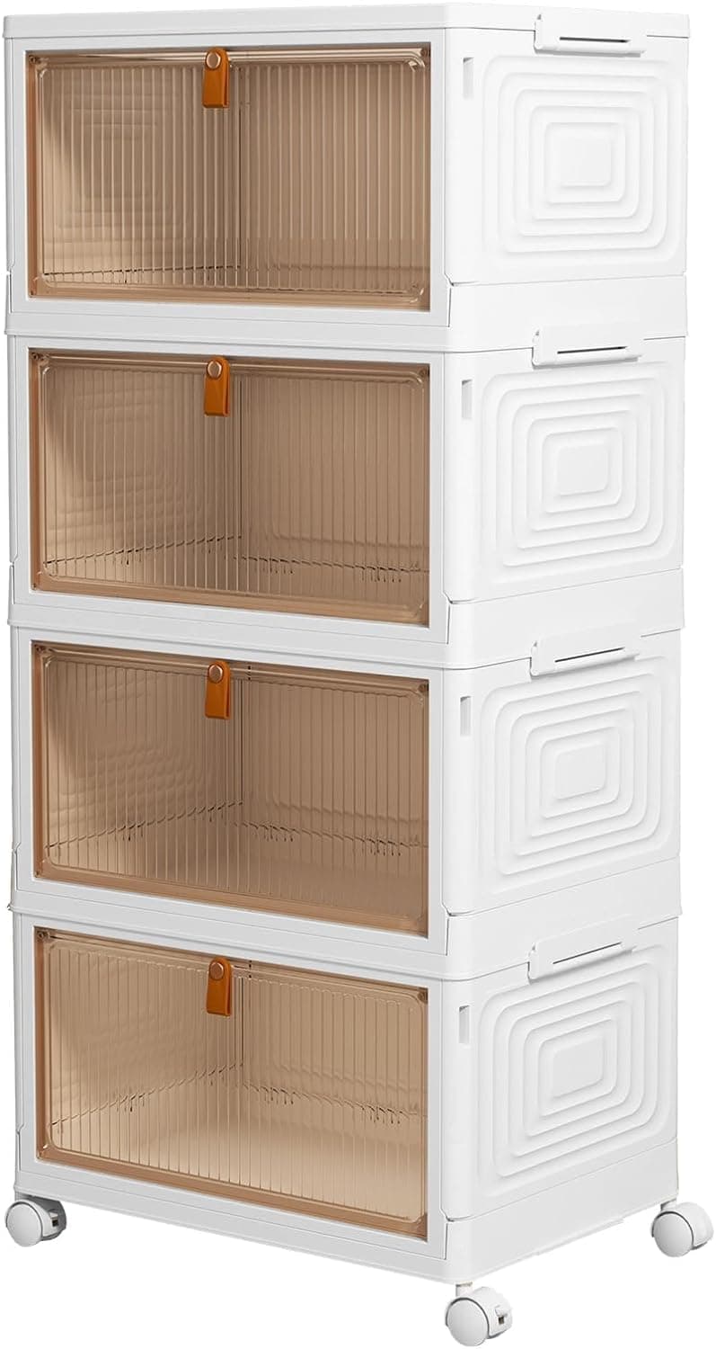 HYGRAD BUILT TO SURVIVE - Foldable White Plastic Shoe Box 2/3/4/5/6 Tier Stackable Storage Cabinet - Rolling Wardrobe Storage Organizer Containers With Lid & Lockable Wheels (4-Tier)