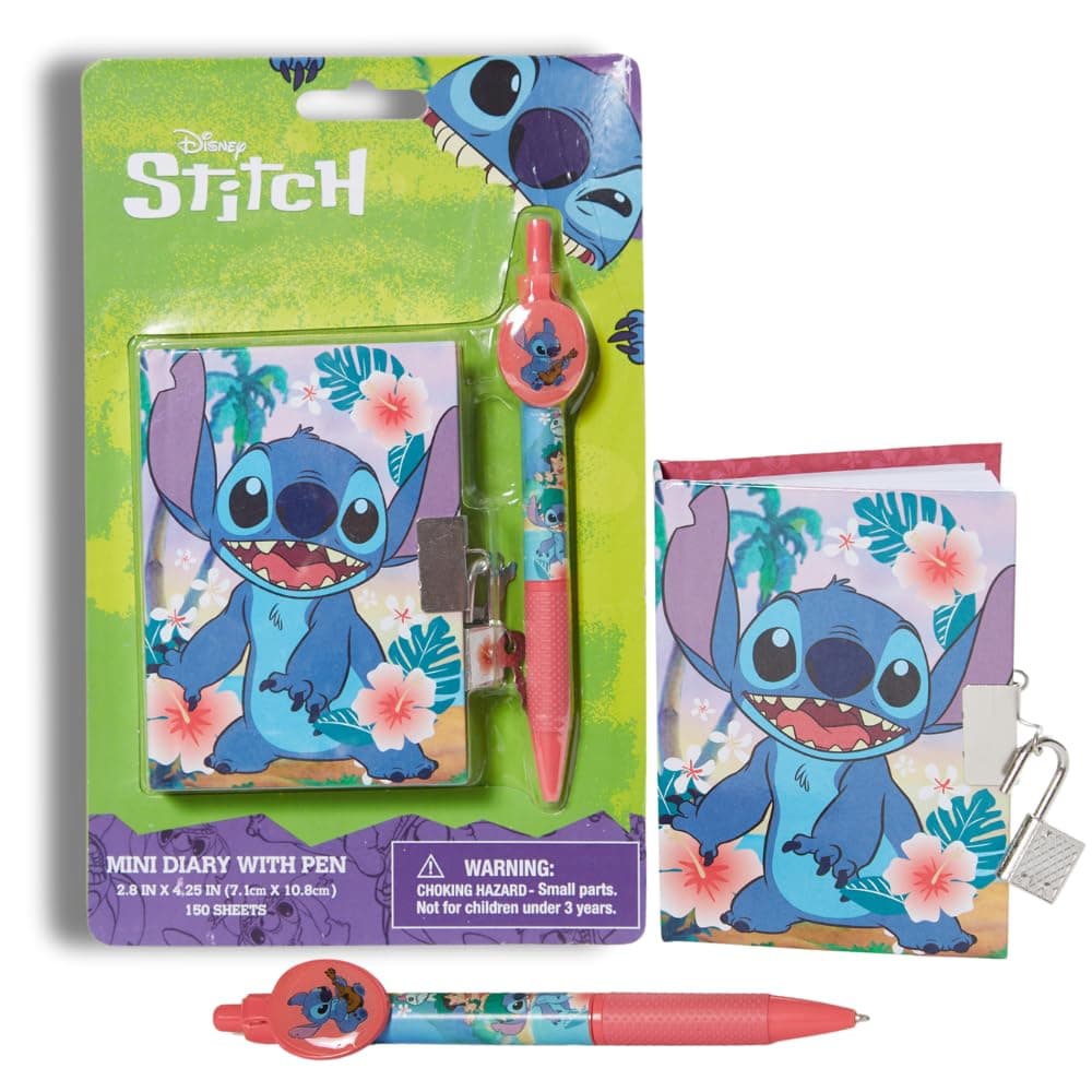Innovative Designs Disney Stitch Mini Diary with Lock and Keys, Ballpoint Pen, 150 Lined Pages, Blue